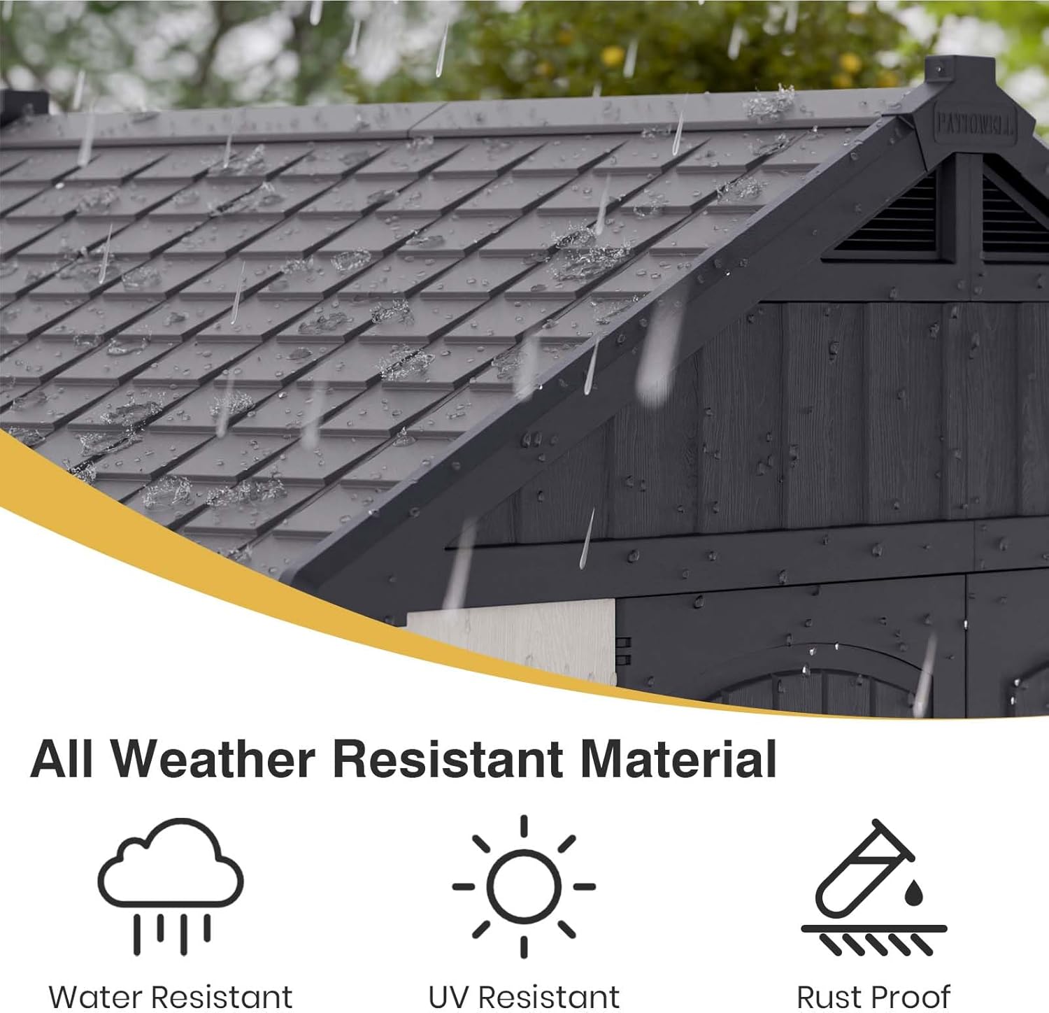 Close-up of shed roof with raindrops, indicating weather resistance