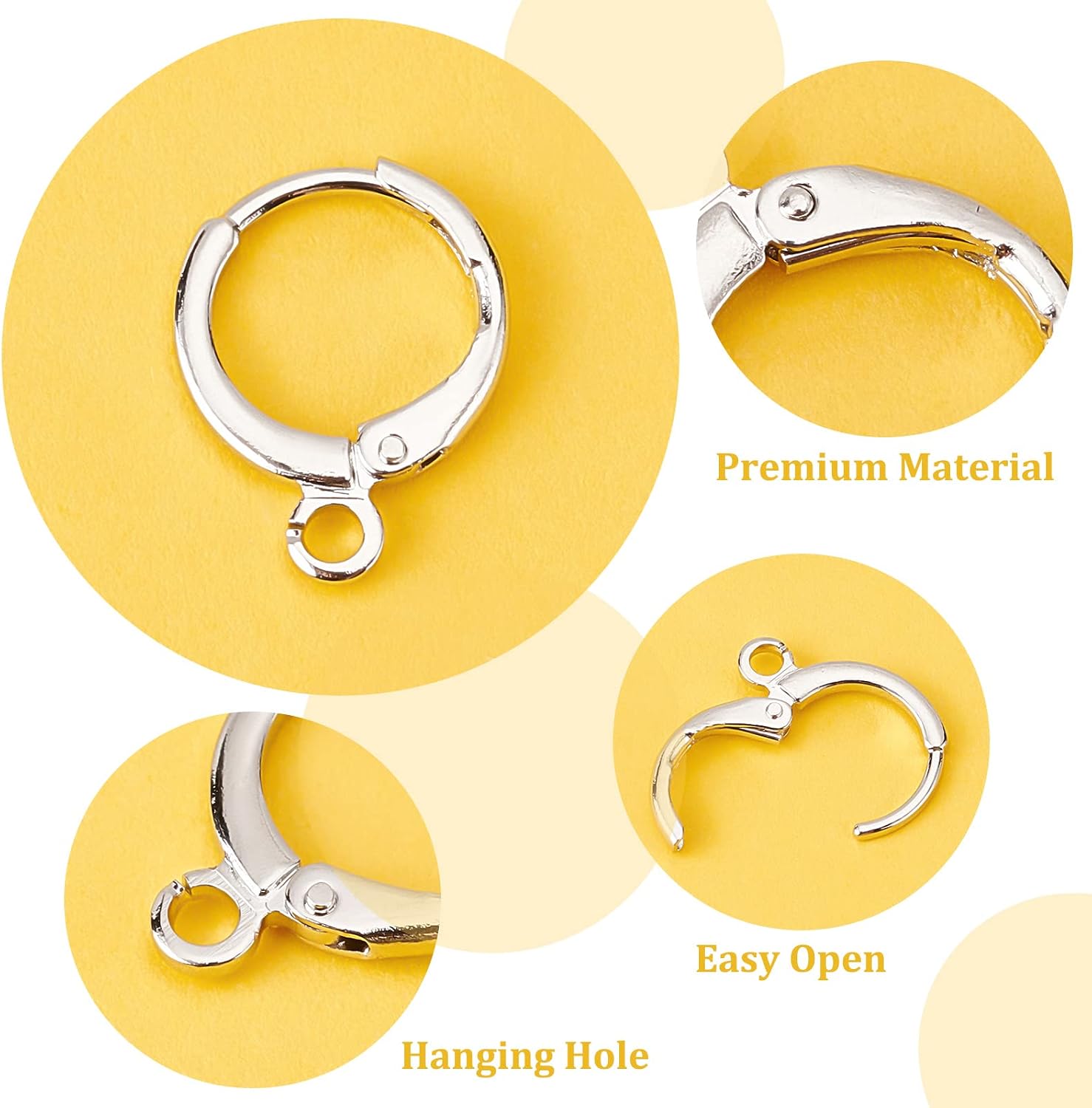 CREATCABIN 1 Box 50pcs Leverback Earring Hooks Round Silver Real Platinum Plated Brass Earwire French with Horizontal Open Loop Ear Wire for Women Dangle Jewelry Making DIY Supplies Findings