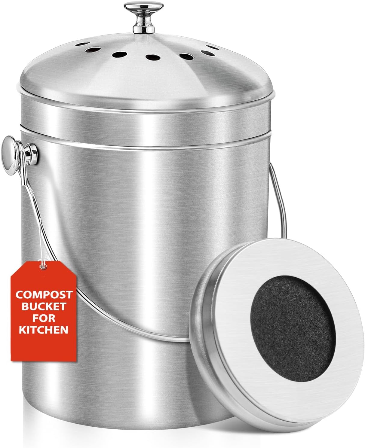 ENLOY Compost Bucket for Kitchen Countertop, 1.3 Gallon Stainless Steel Compost Bin Indoor with Lid, Odorless Food Waste Bucket with Charcoal Filter, Compost Pail for Kitchen with Carrying Handle Brilliant Steel