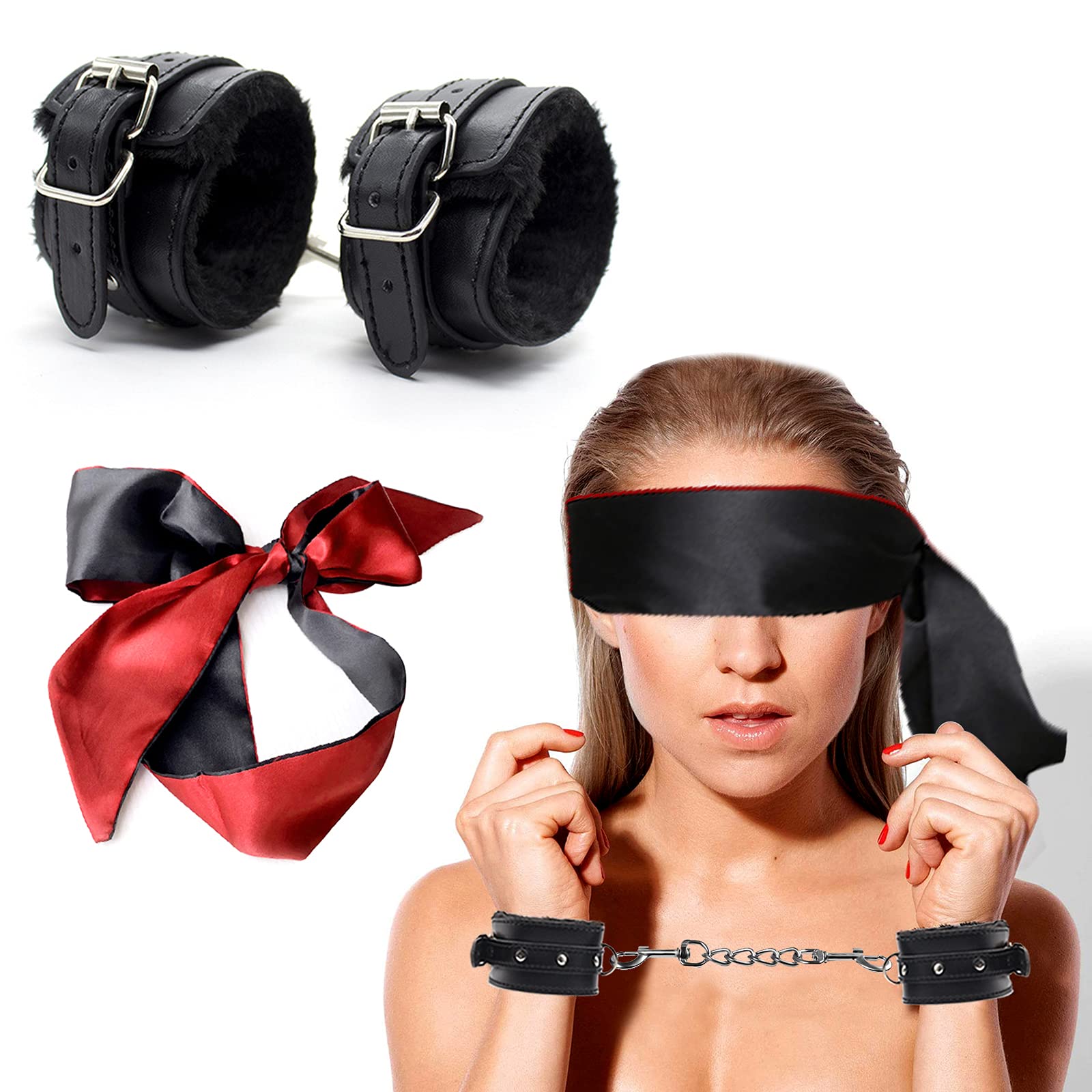 BDSM Set of 2 Leather Padded Restraints Handcuffs with Satin Eye Mask  Erotic Blindfold, Black and Red Eye Scarf Fetish Bondage Set Sex Toy for  Couples Women Men, black : Amazon.de: Health