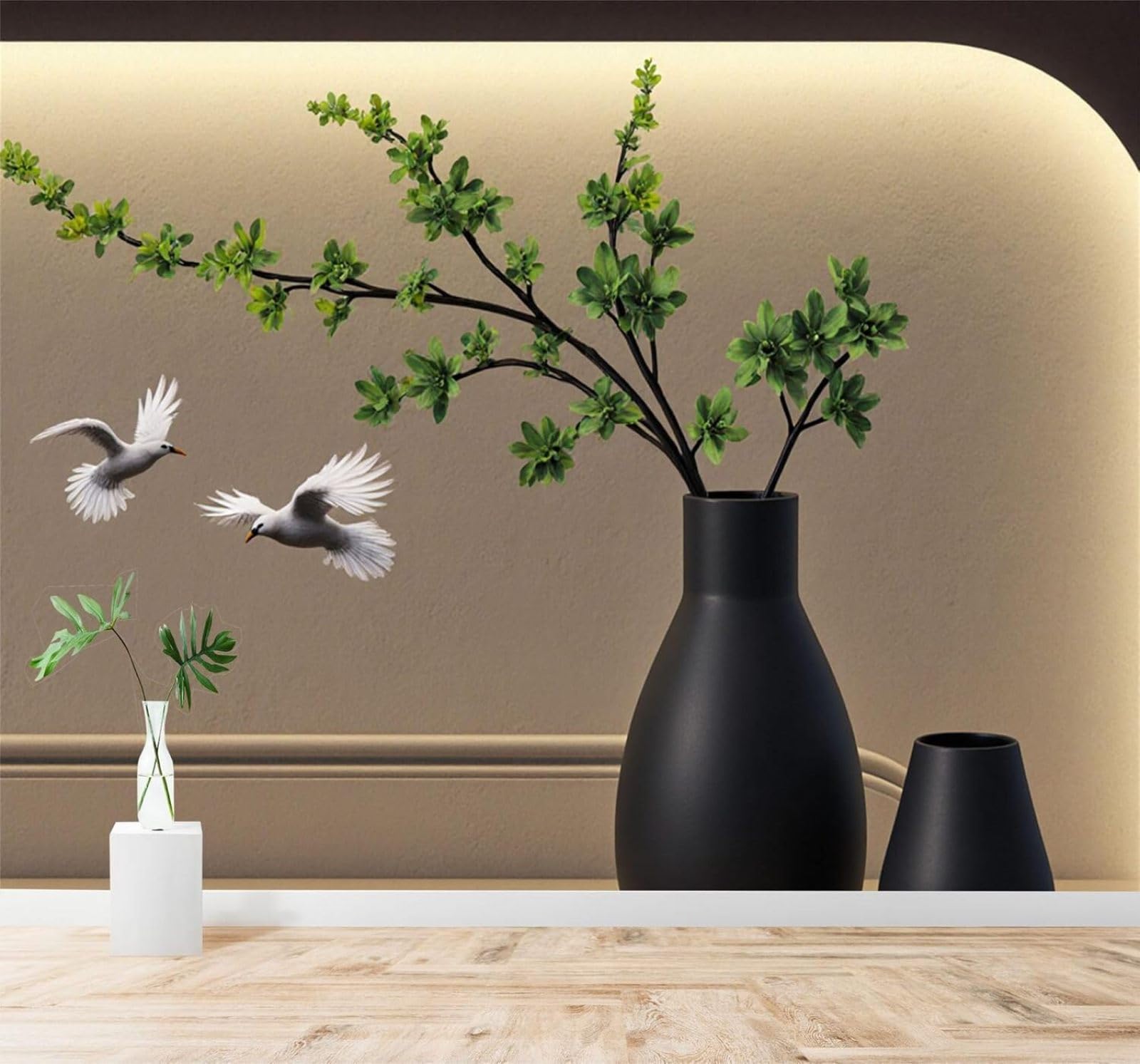 Xlming 150Cm×105Cm(B×H) Minimalist Green Branches Black Vase Birds In Flight Nature Art 3D Wallpaper Silky Texture Home Study Office Grey Dining Room Sofa Bedroom Living Room Tv Backdrop-150Cm×105Cm