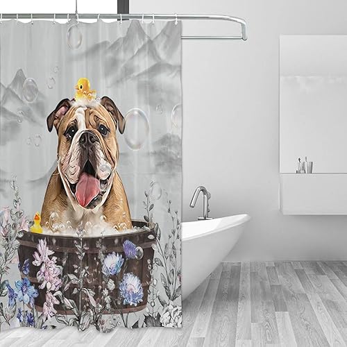 Miniatura 2 de jamie world Cortina de ducha de granja en blanco y negro, divertida cortina de ducha floral de bulldog para baño, cortina de ducha de animales, tela