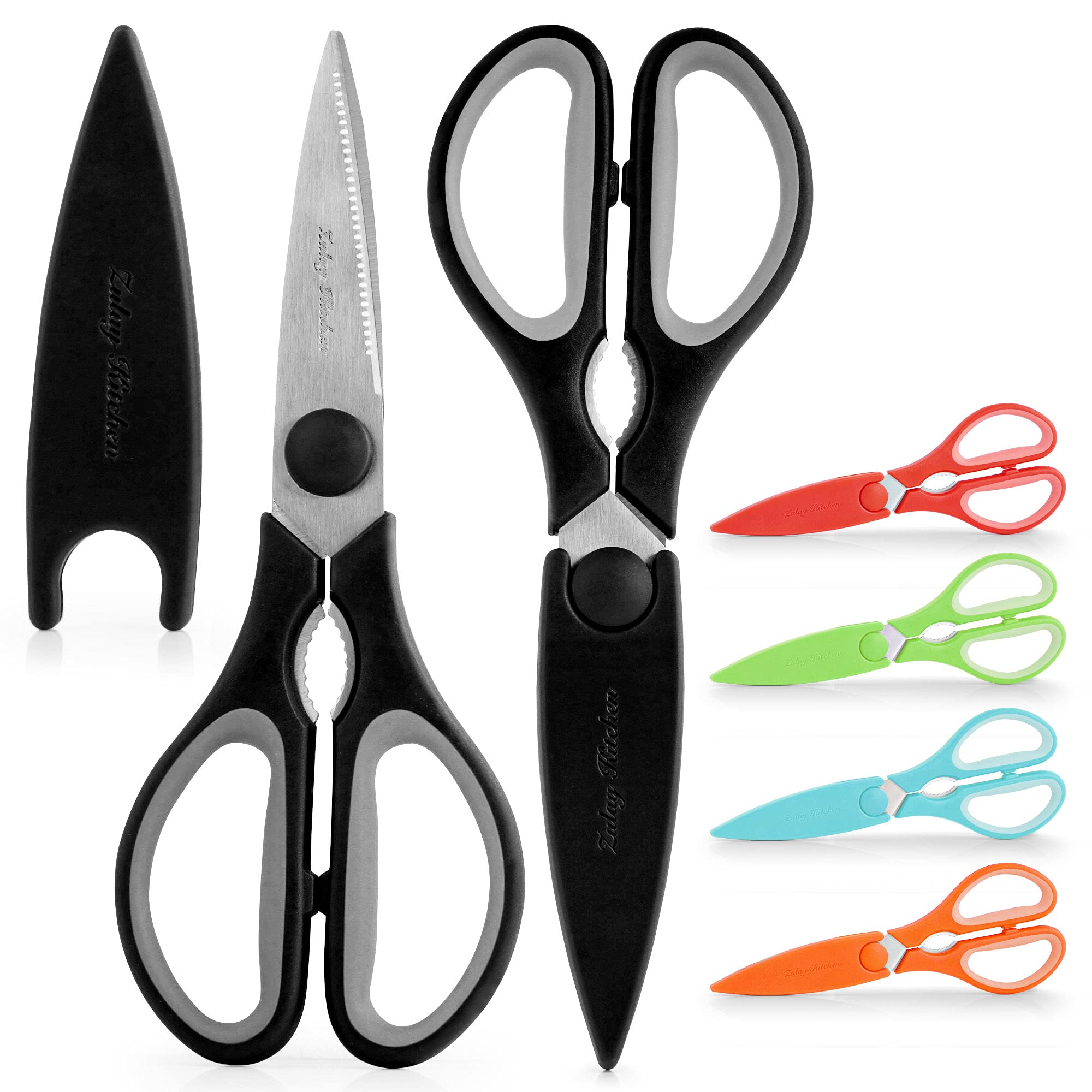 Zulay Kitchen Scissors Heavy Duty - Ultra Sharp Stainless Steel Kitchen Shears With Protective Cover - Multipurpose Food Scissors & Meat Scissors For Poultry, Fish, Herbs, & More (Black)