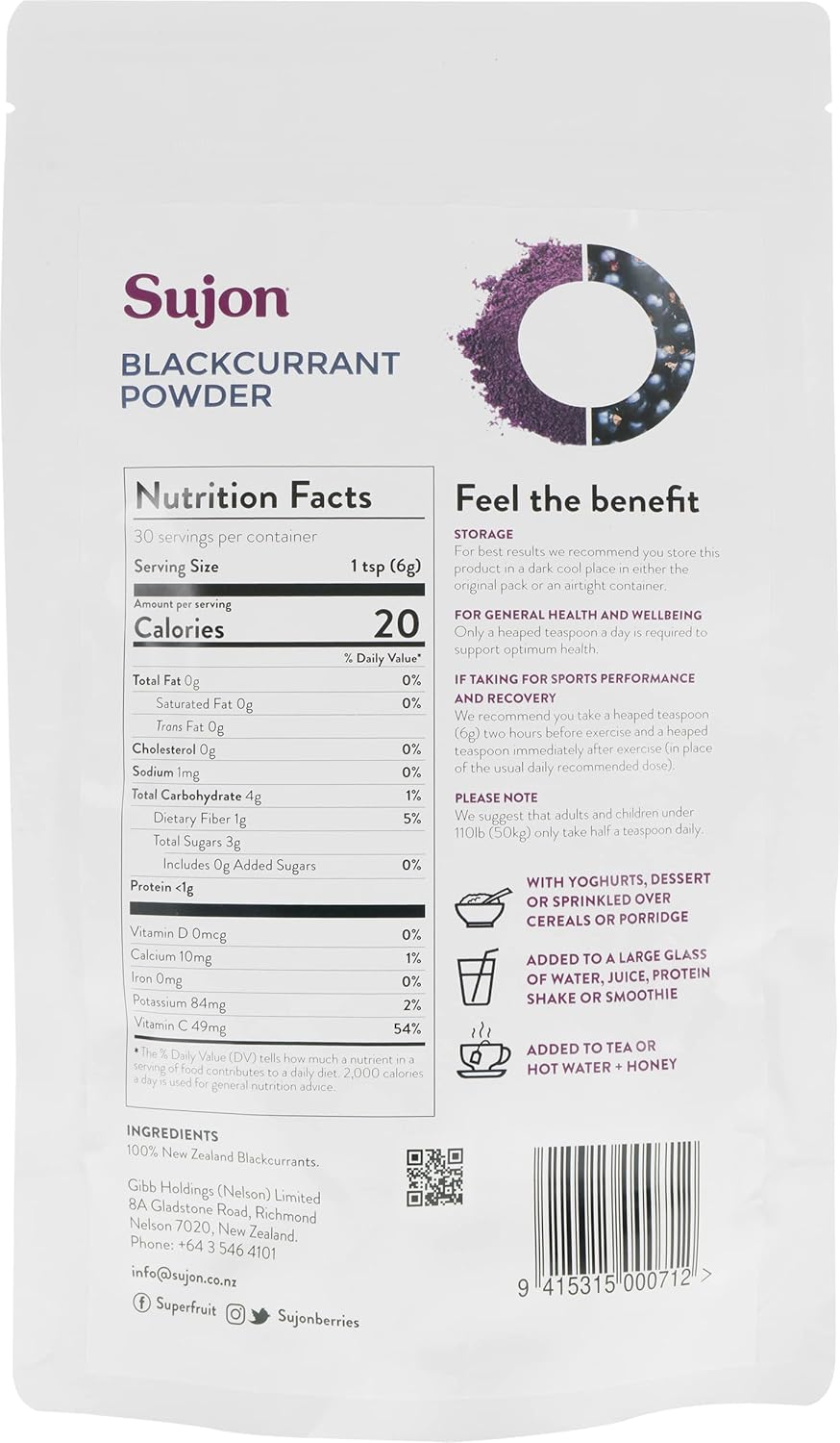 Sujon Blackcurrant Powder, Made from 100% Whole New Zealand Blackcurrants, Freeze-Dried and Powdered, 6.3oz, 30-day supply, No added sugar, Gluten free