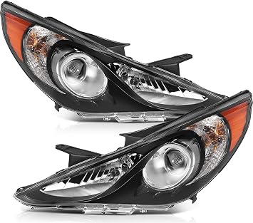 Headlight Assembly Replacement Fit 2011-2014 for Hyundai Sonata NOT FIT Hybrid Models Black Housing Amber Reflector Clear Lens Driver and Passenger Side