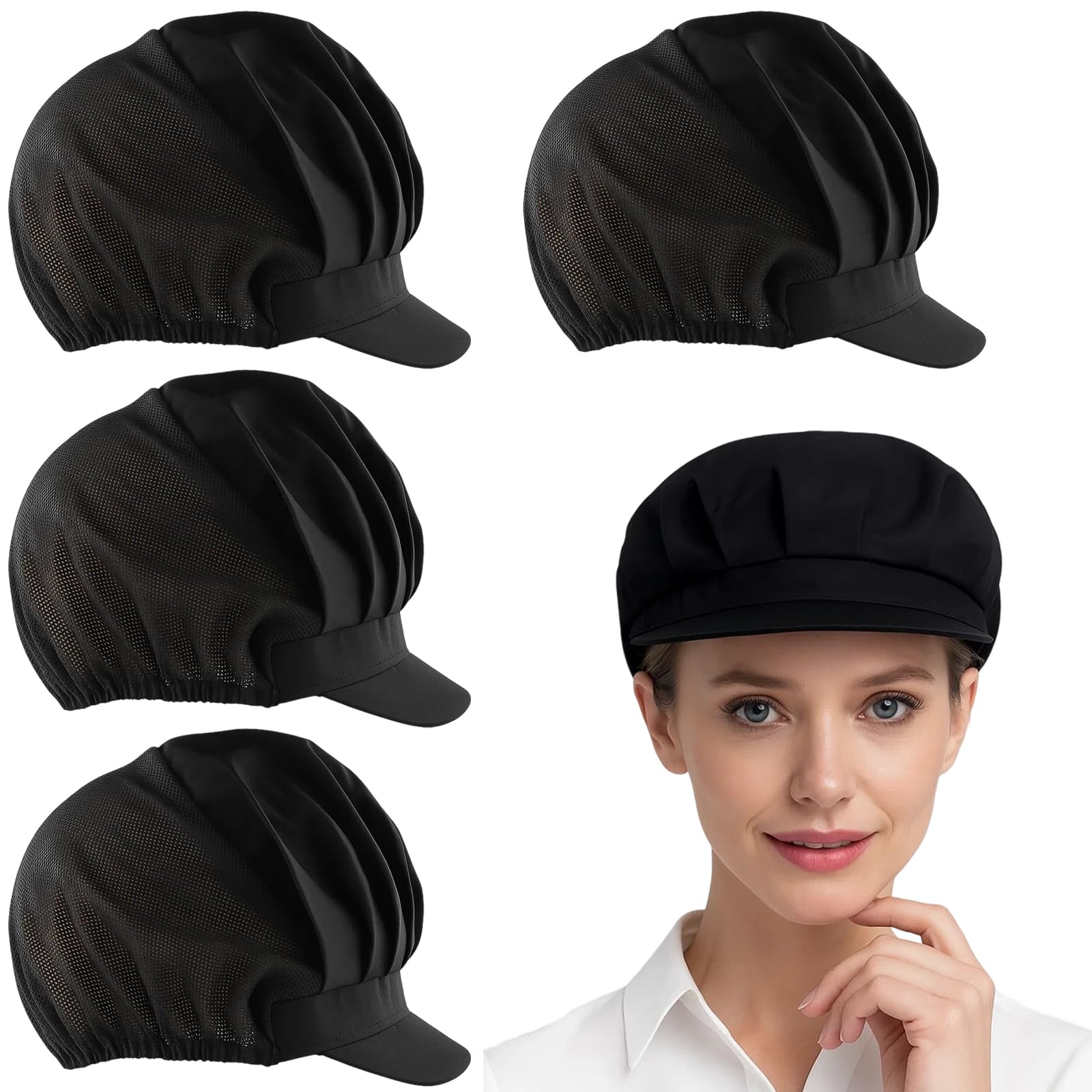 Chef Hats, 4 Pack Black Half Mesh Half Cloth Professional Cooking Cap, Adjustable Chef Hats for Men and Women, Breathable Catering Hats for Chefs, Bakers, Kitchen Staff, Head Size 52-65cm