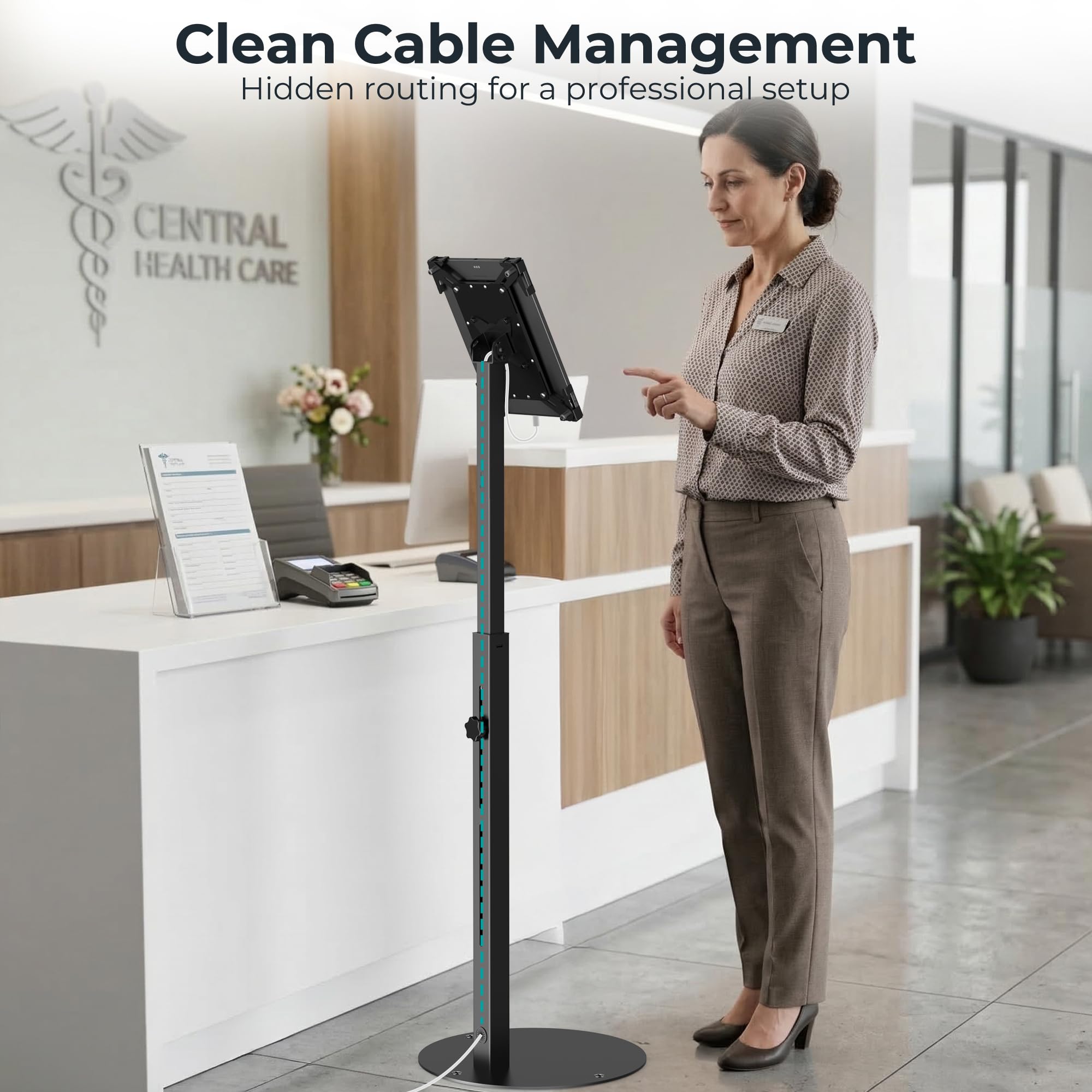 Diebstahlsicherer iPad Kiosk Ständer, Höhenverstellbarer Tablet Bodenständer Für POS Kasse, Halterung 10-14" iPad Pro 12.9 11 10.9, Galaxy Tab, Surface Pro, 360° Drehbar, Schwarz