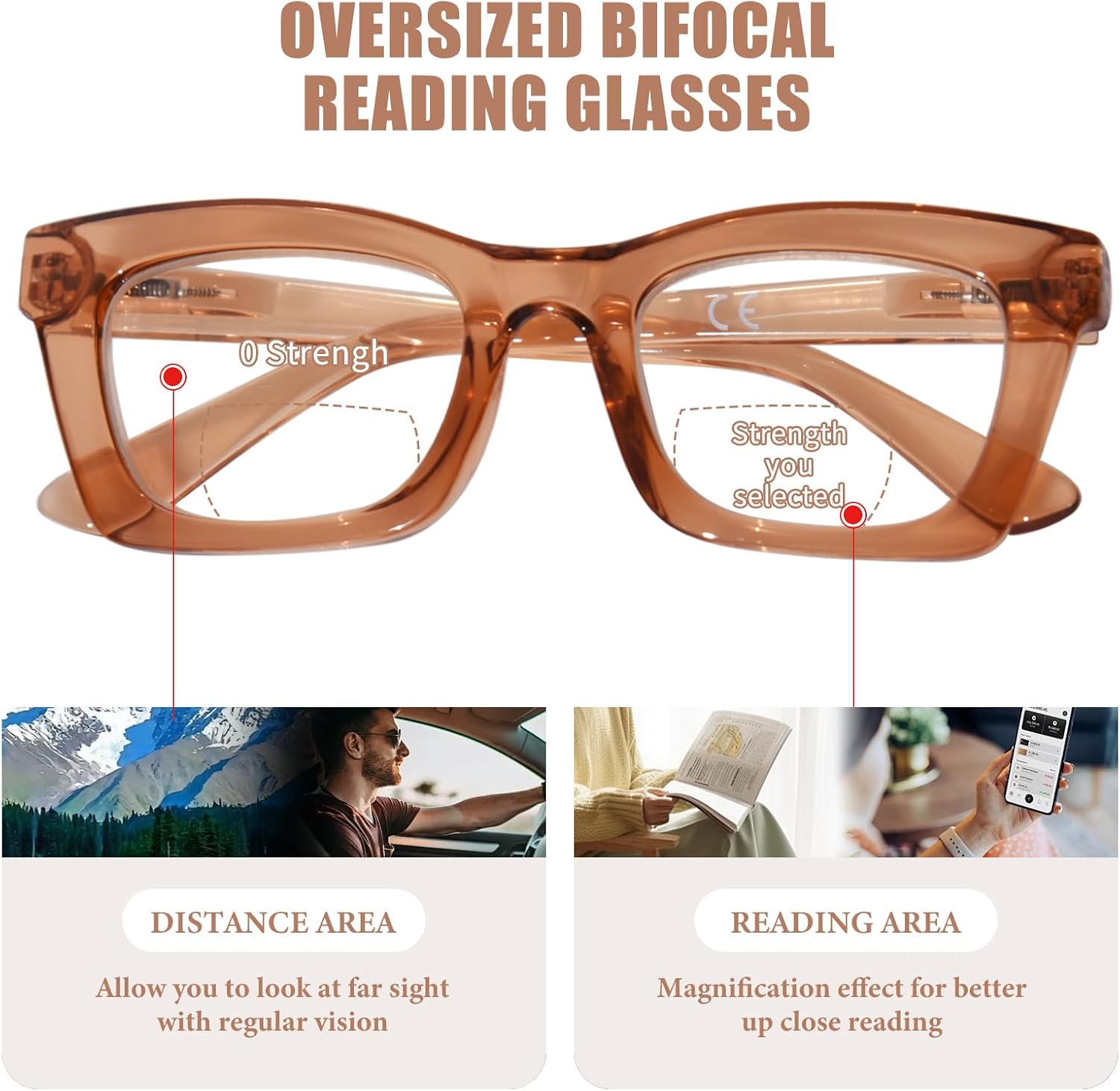 Bifocal Reading Glasses for Women Oversized Square Frame Clear Top Bifocal Readers for Women Blue Light Blocking Computer Readers with Spring Hinges (Champagne, 1.0) - Image 2