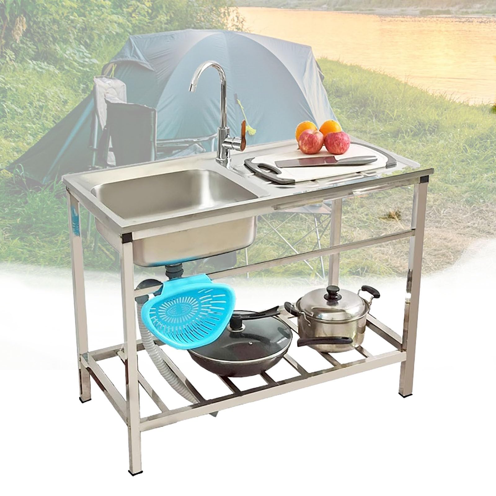 Fregadero Industrial Comercial Con Estante Inferior Independiente Con Encimera Portatil De Acero Inoxidable Camping Con Grifo Para Garaje Restaurante Patio Exterior(Size,75x40xH75cm