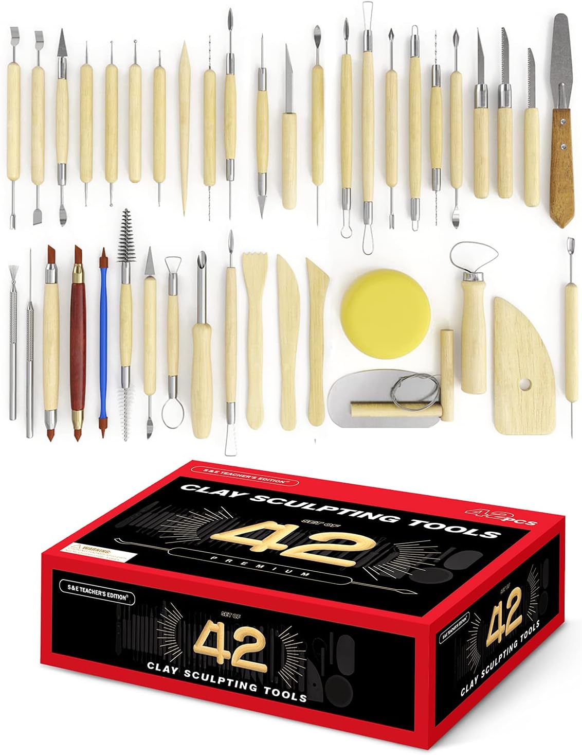 S & E TEACHER'S EDITION 42 Pcs Polymer Clay Tools, Air Dry Clay Tools, Clay Scultping Tools Double-Sided with Smooth Wooden Handles Pottery Craft Carving Molding Shaping