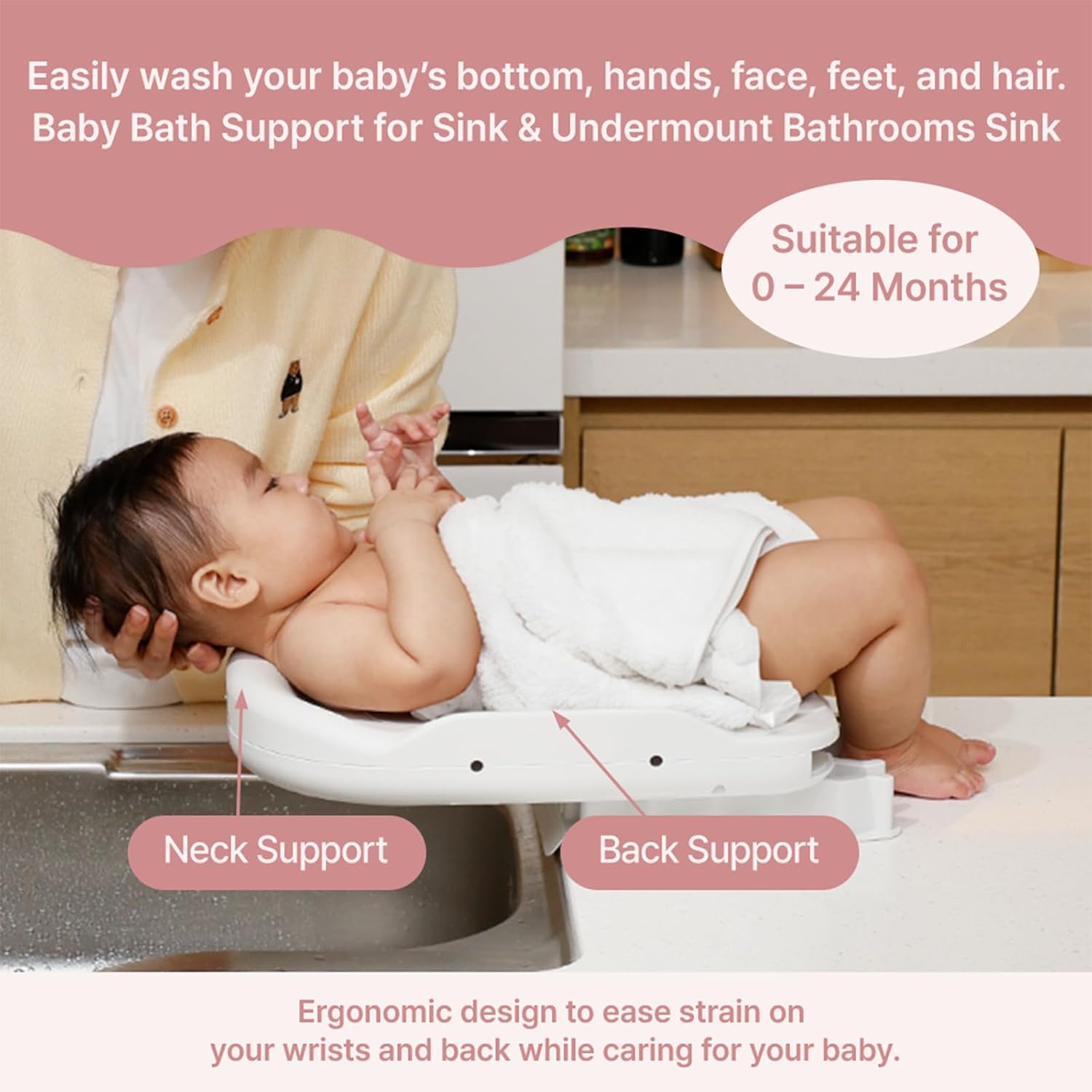 PPBB – Baby Bath Support for Sink & Undermount Bathroom Sink – Easy Hygiene Care for Baby's Bottom, Hands, Face & Hair – Ideal for Eczema, Diaper Rash, Heat Rash – Gray/Pink/Navy/White (Pink) image 2