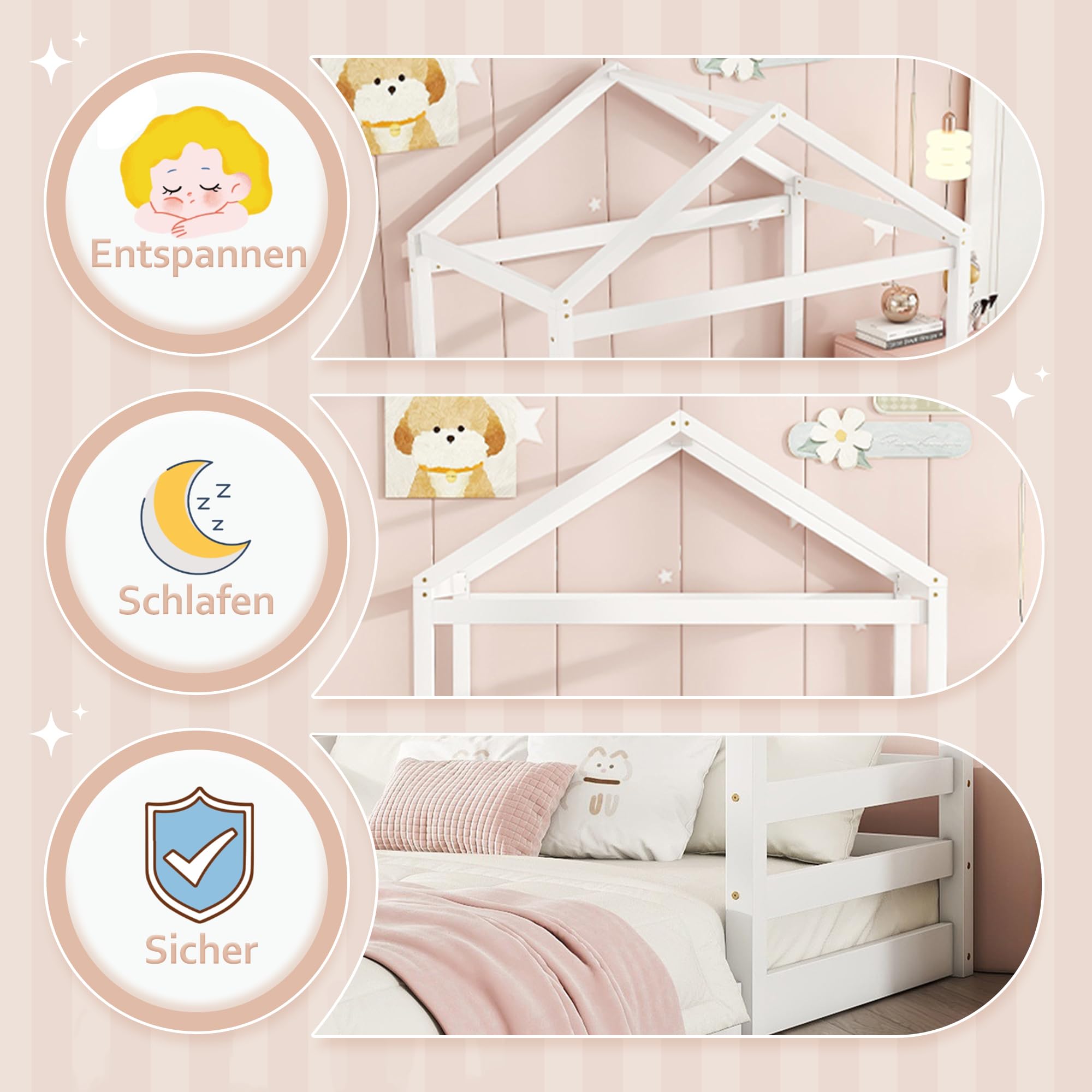 Kinderbett Bodenbett Doppelbett 140x200 cm, Bett Hausbett mit Haus Dach&Lattenrost, Holzbett Bettgestell Jugendbett Flachbett Bettrahmen für Kinder Jungen & Mädchen, Kiefernholz, Ohne Matratze, Weiß