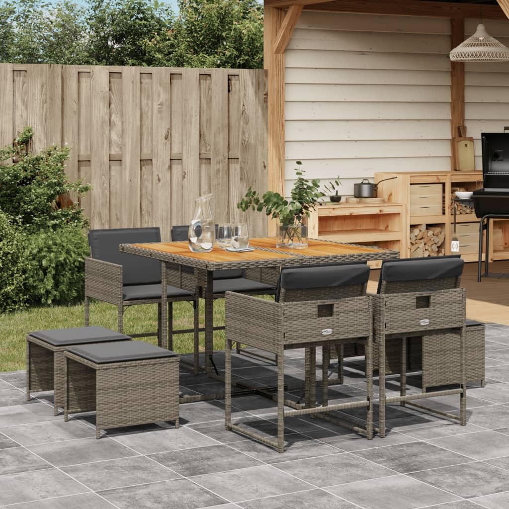ShGaxin Set Sala da pranzo giardino 9 pezzi e cuscini in rattan sintetico Grigio, Set Tavolo e Sedie Giardino, Tavolo Terrazza Esterno e Sedie, Set Terrazza, Mobili da Giardino Esterno - 3278089