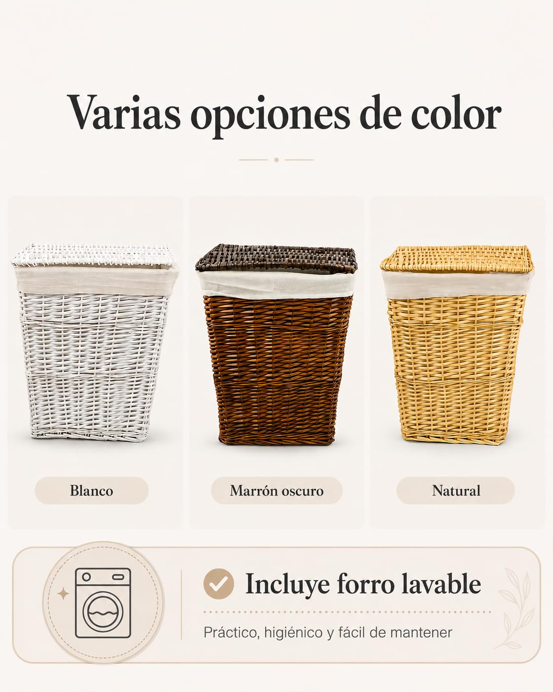HERSIG - Cesto Ropa Sucia - Cesta Ropa Sucia Diseño Mimbre con Tapa - Cesto Colada con Bolsa Tela Extraíble - Diseño Resistente y Robusto - Recantular Blanco - 42x33x50cm