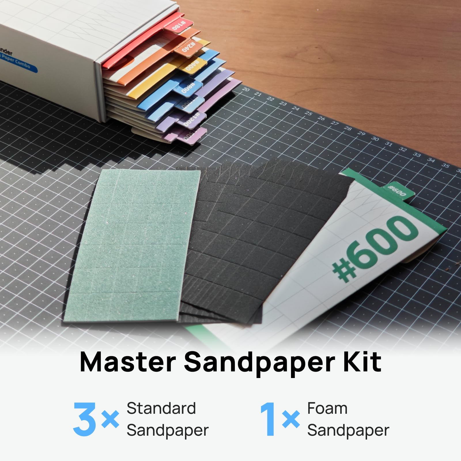 HOZO NeoSander Master - Set di 32 fogli di carta abrasiva con grana 180-1500, ogni grana include 3 fogli standard + 1 foglio in schiuma, kit di levigatura per modellare, levigare e rifinire