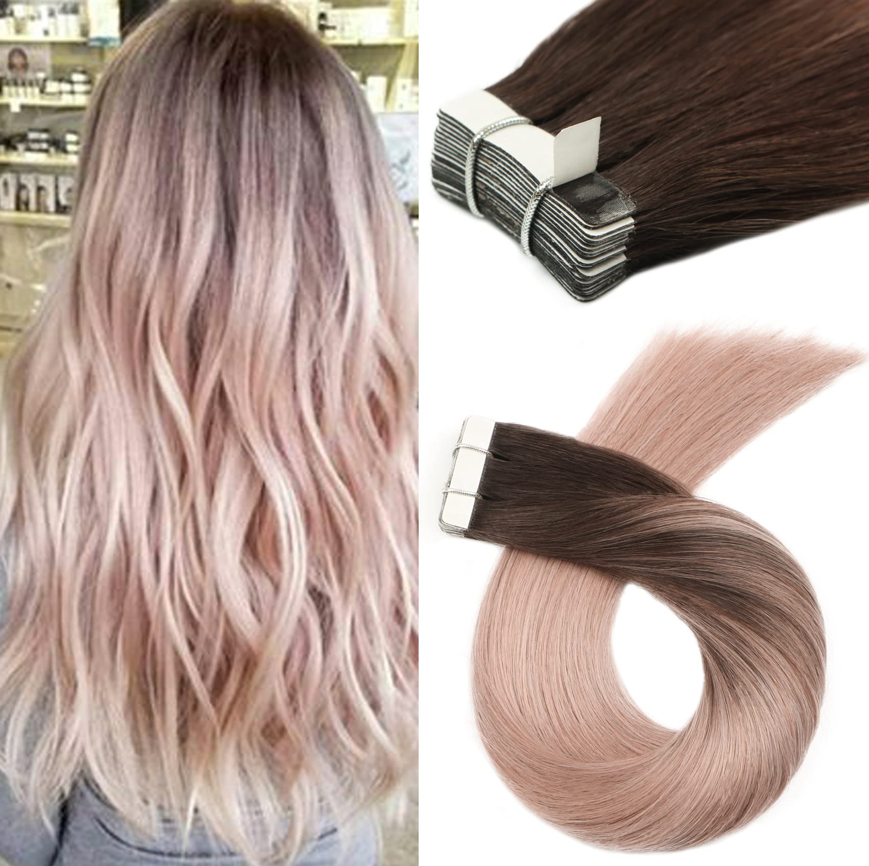 Amazon.com : VARIO HAIR Tape In Hair Extensions Human Hair Balayage Ombre  Hair 20pcs/50g Per Set Dark Brown Fading to Silver Gray Skin Weft Remy Silk  Straight Hair Glue in Extensions Human