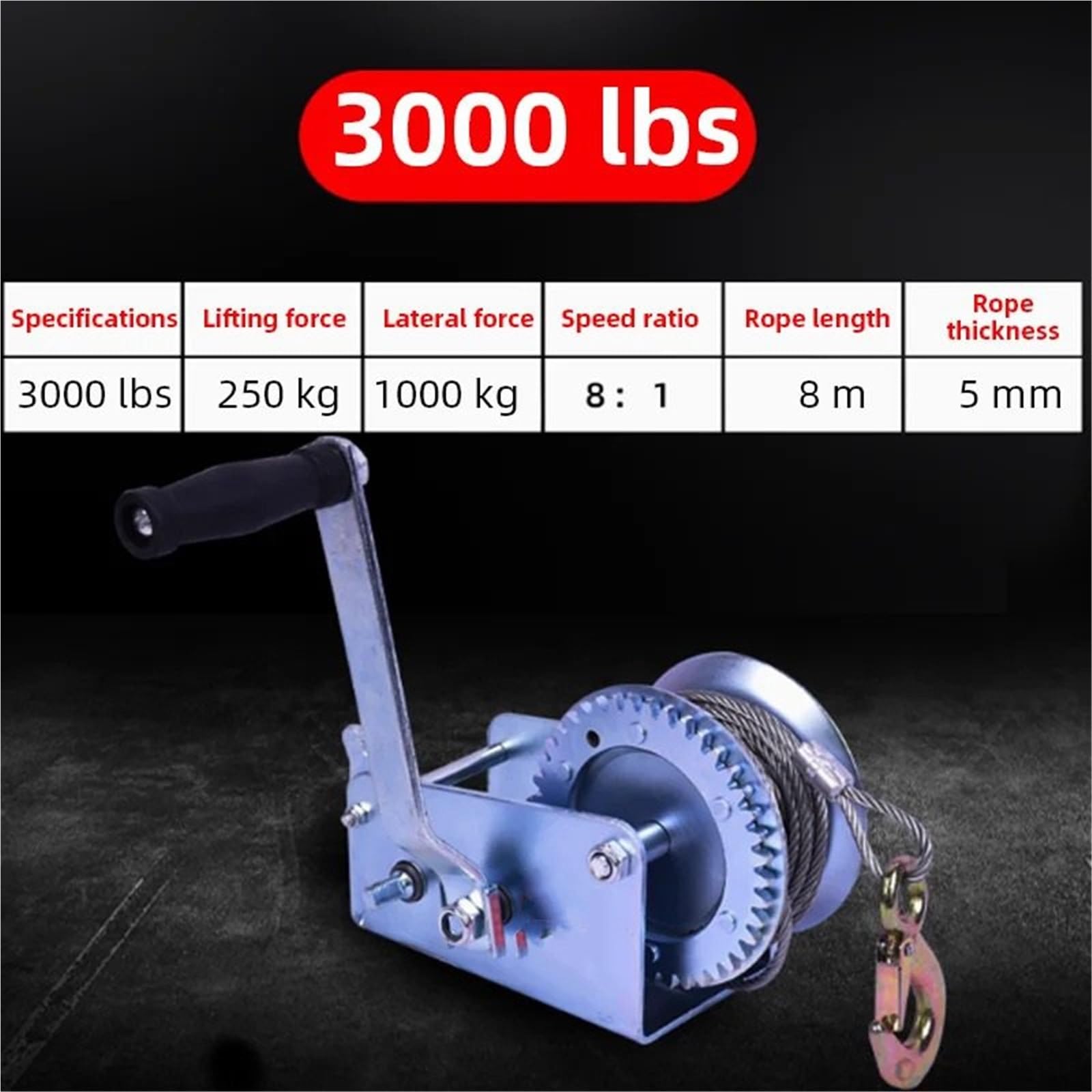 Ręczna wciągarka ręczna 800/1,360.8 kg z 8 m linką z drutu stalowego samoblokującego, ciężki wciągnik Du Kettenzug do podnoszenia holowania i ciągnięcia, przenośne narzędzie do wciągania