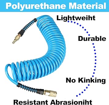 Keepro Polyurethane Recoil Air Hose, 1/4 Inch ID By 25 Feet Long Air Compressor Hose with Repairable Solid Brass 1/4 Industrial Quick Coupler and Plug, 145 PSI Maximum Pressure, Blue