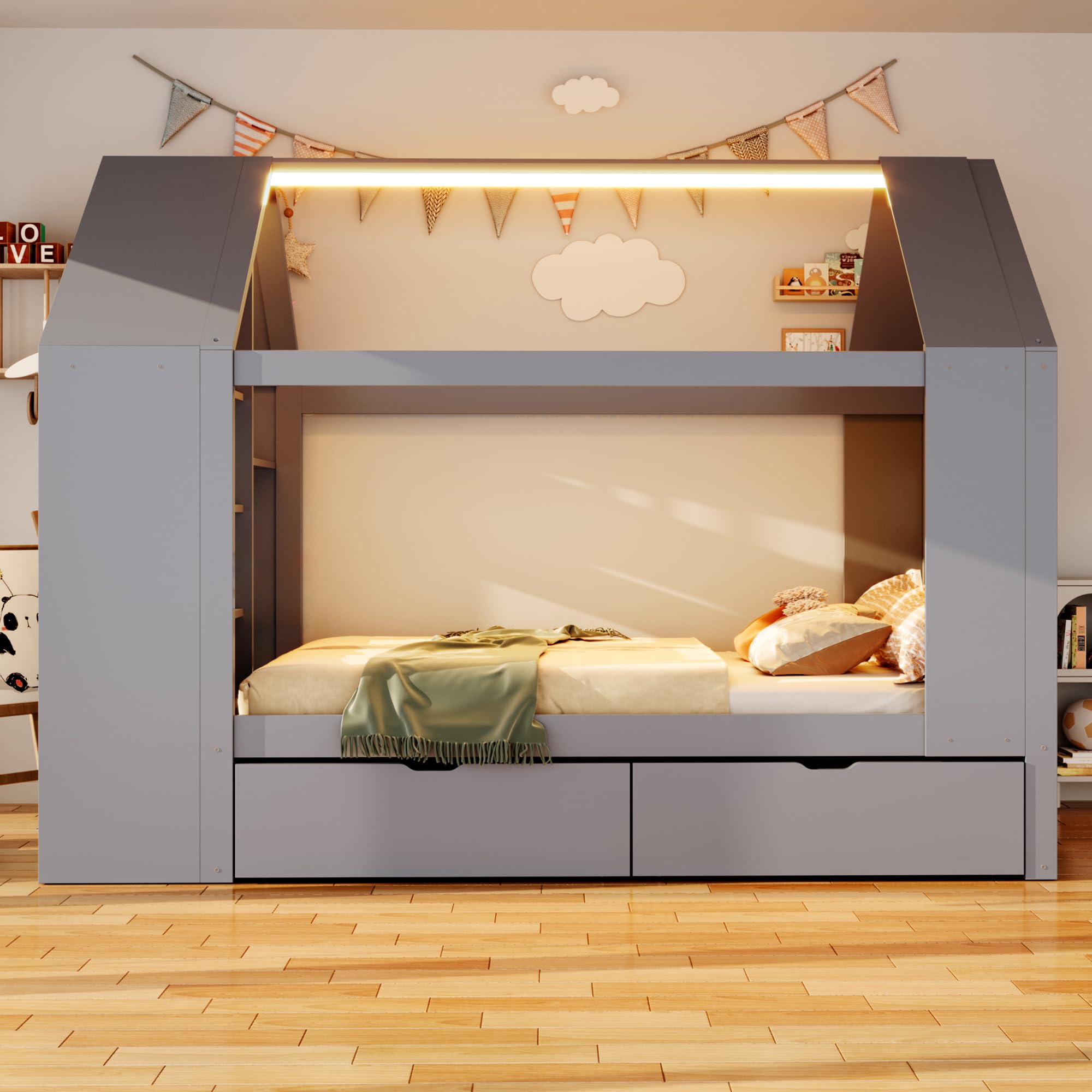 Cama Infantil Montessori 90x200 cm con LED, Compartimentos, 2 Cajones