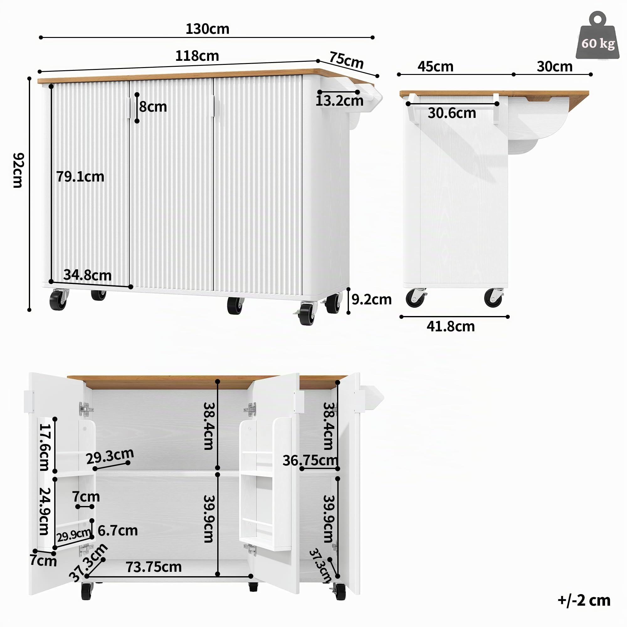 Kücheninsel, Speisewagen mit Holzmaserung, Buffet, 130x45(75) x92cm, Ausziehbarer Küchenwagen auf Rädern mit Handtuchhalter, Gewürzregal, Trennwände verstellbar, 3 Türen, Weiß