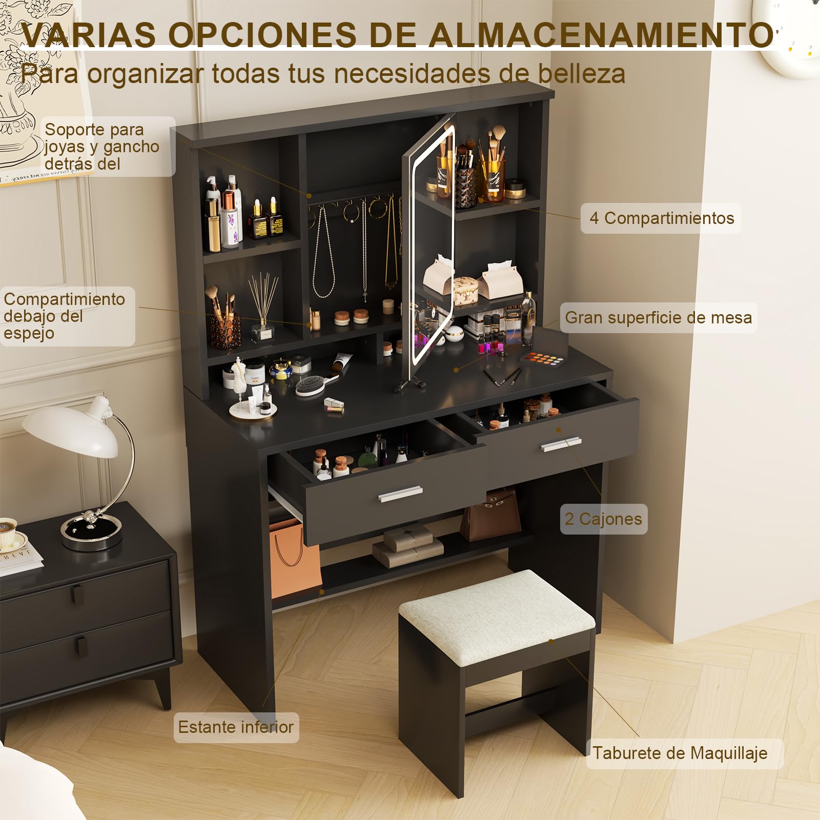 Airfish Tocador de Maquillaje con Luces LED de 3 Colores con Taburete, Brillo Ajustable, Mesa de Maquillaje con Espacio para Joyas, Estantes Ajustables,2 Cajones, Estilo Moderno, Negro
