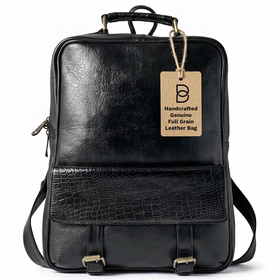 bonahide - 15.6" Luxury Black Leather Laptop Backpack for Men & Women. Leather Bag for Professional Use in Office & Business