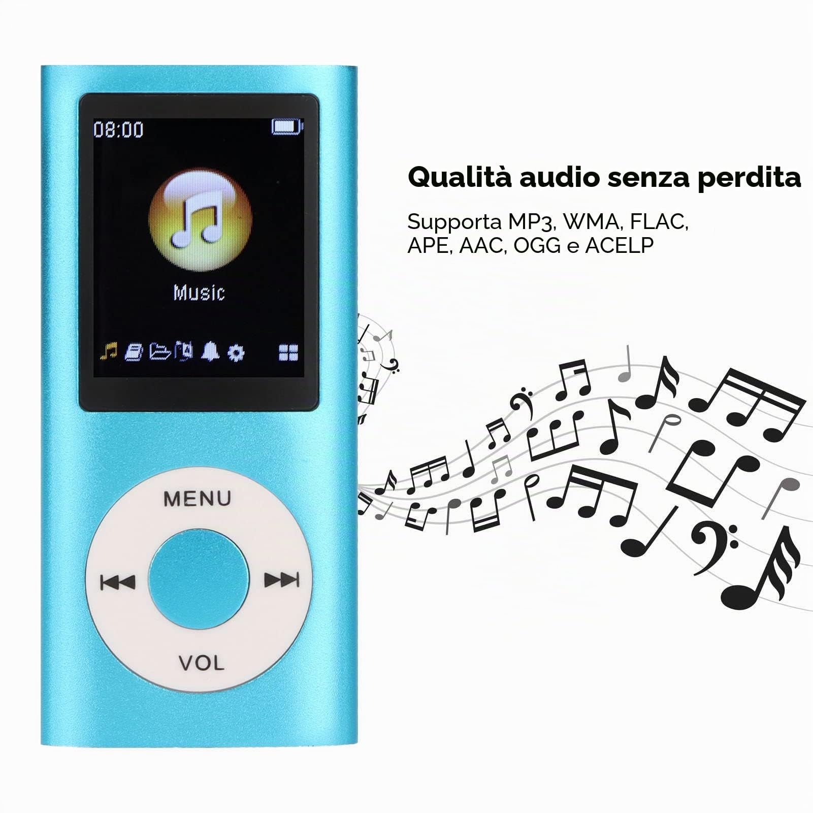 Lettore MP3 Digitale, Compatto e Portatile, Supporta 64 GB di Memoria di Archiviazione, 8 Ore di Standby Lungo, Lega di Alluminio, per Studenti, per Regali per Bambini (Blu)