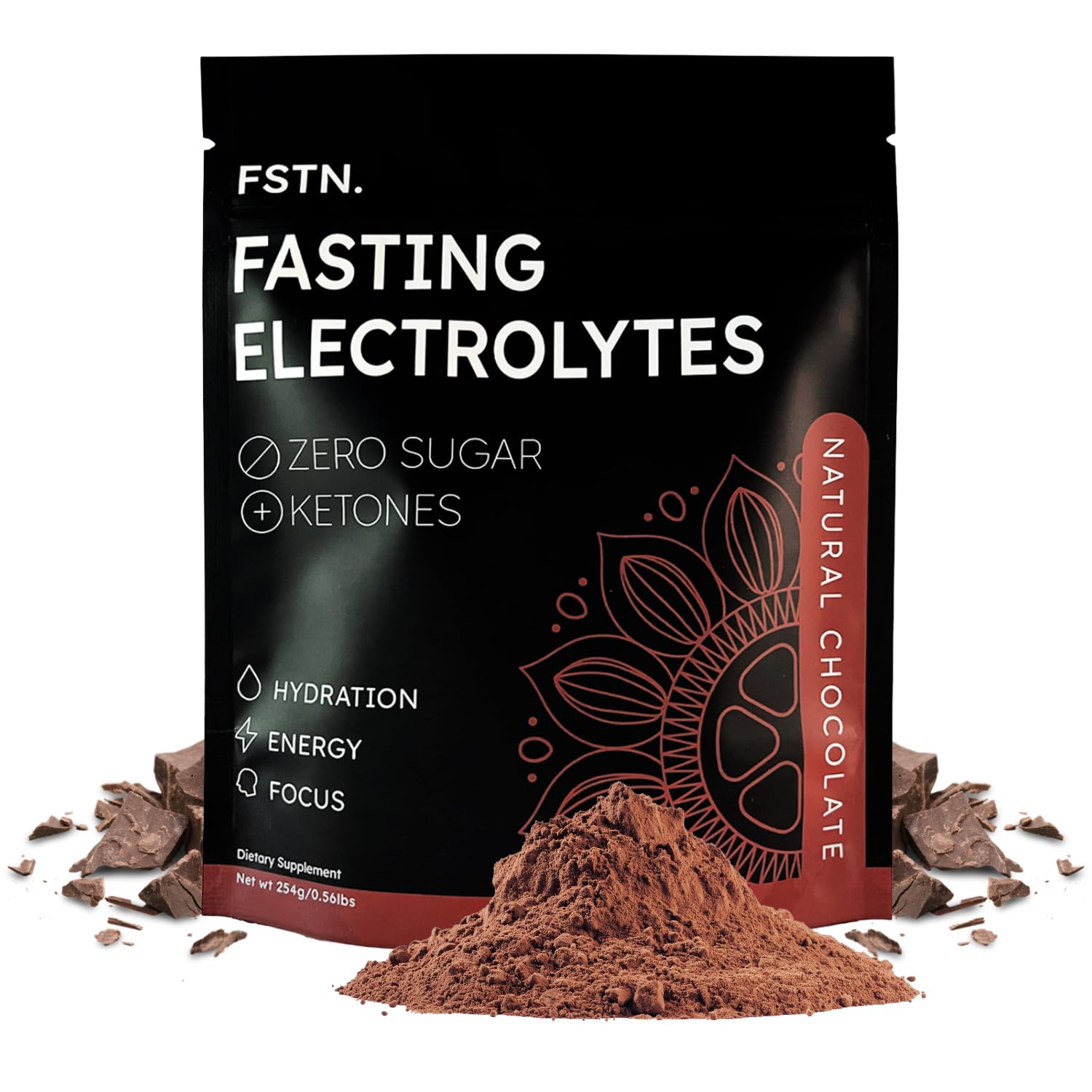 Suplemento de electrolitos de chocolate en ayunas FSTN: elimina los antojos, hidrata y da energía, sin azúcar, además de cetonas y cacao orgánico.