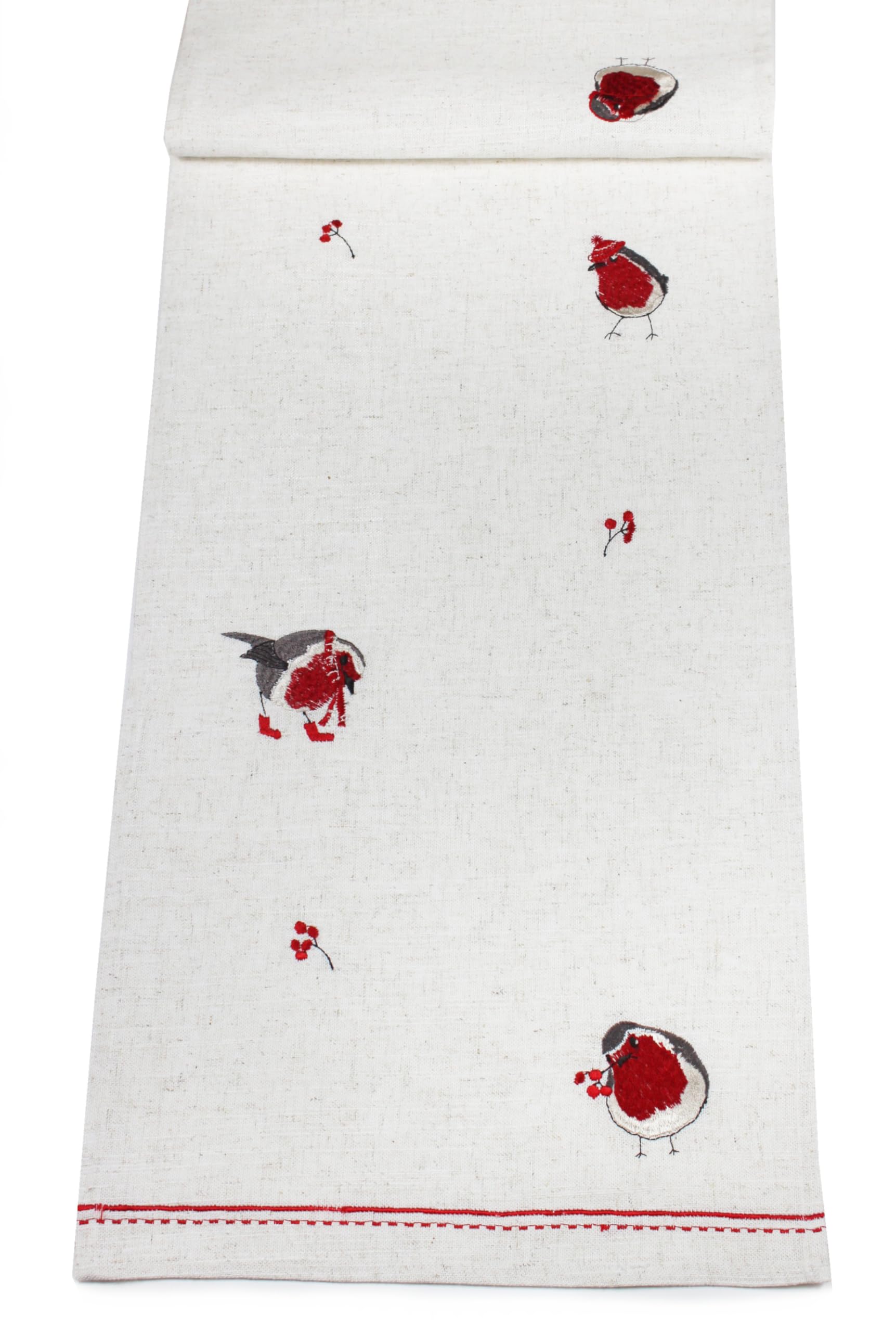 Peggy Wilkins Beige/Multi Robin Riot Embroidered Christmas Table Runner - 14" X 75"