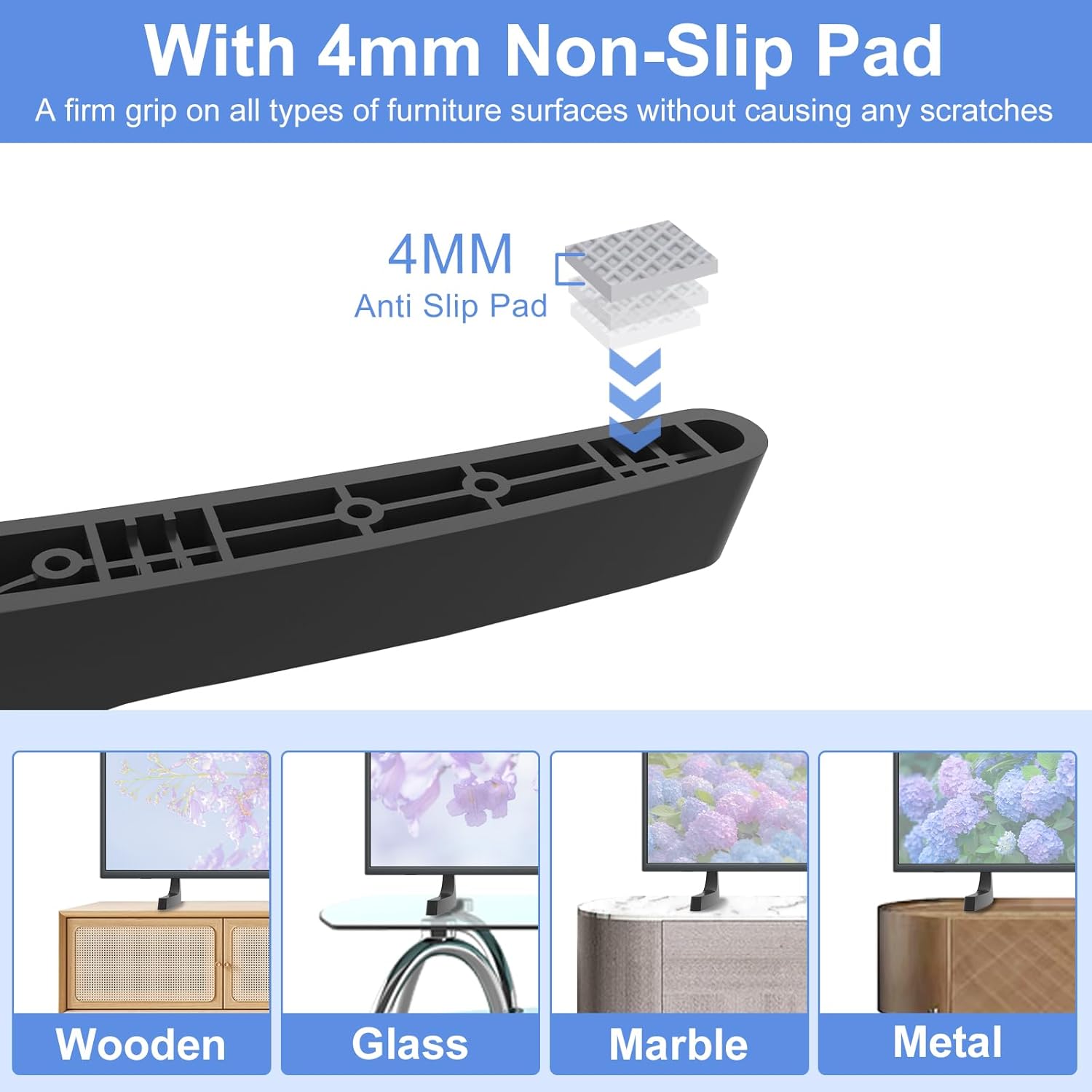 Image showing a close-up of the 4mm non-slip pad and examples of different furniture surfaces.