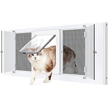 2-in-1 Cat Door for Window with Acrylic Panel, Rainproof & Ventilation Dual Modes, Adjustable Width of 32"-36" for Sliding Windows, Weather Resistant Window Cat Door Insert