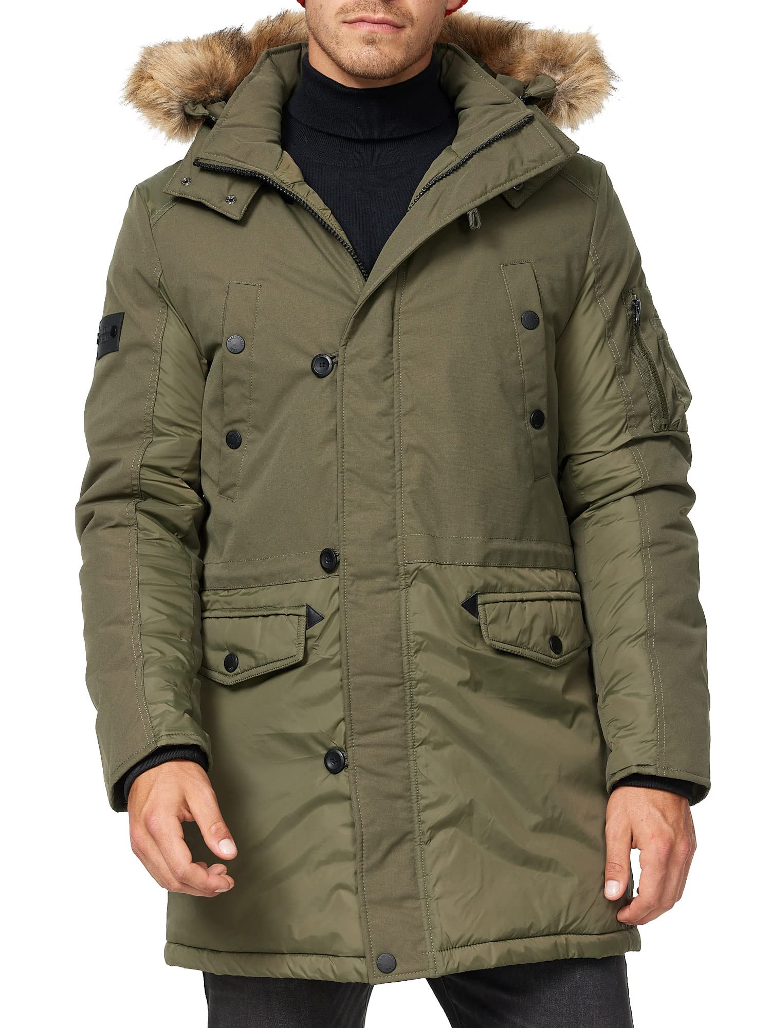 Indicode Hombres Jarl Parka de invierno con capucha extraíble de pelo sintético y cuello alto