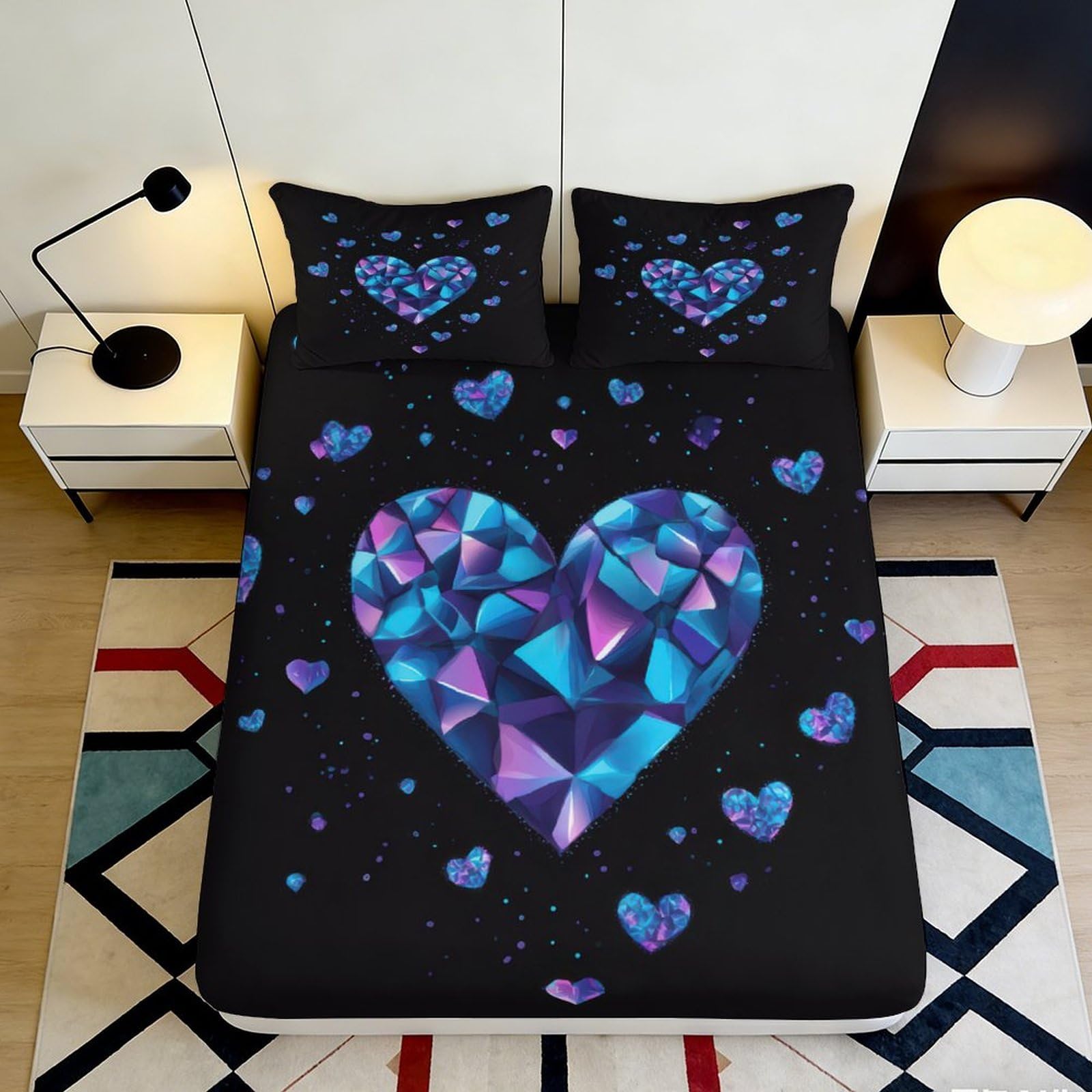 Jqzkxnhpbr Style-8 3D Printed Geometric Heart Fitted Sheet Microfiber Purple Blue Artistic Mattress Cover Bedroom Decor 90X200x25cm