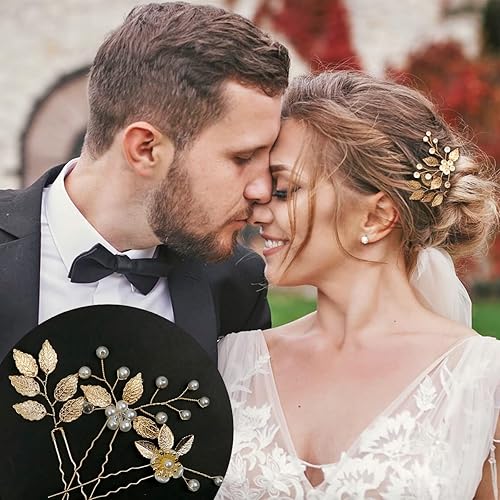 Miniatura 4 de 6 horquillas para el cabello de boda nupcial, hoja dorada, perlas de cristal, clips para el cabello, accesorios de boda, joyería con diamantes de