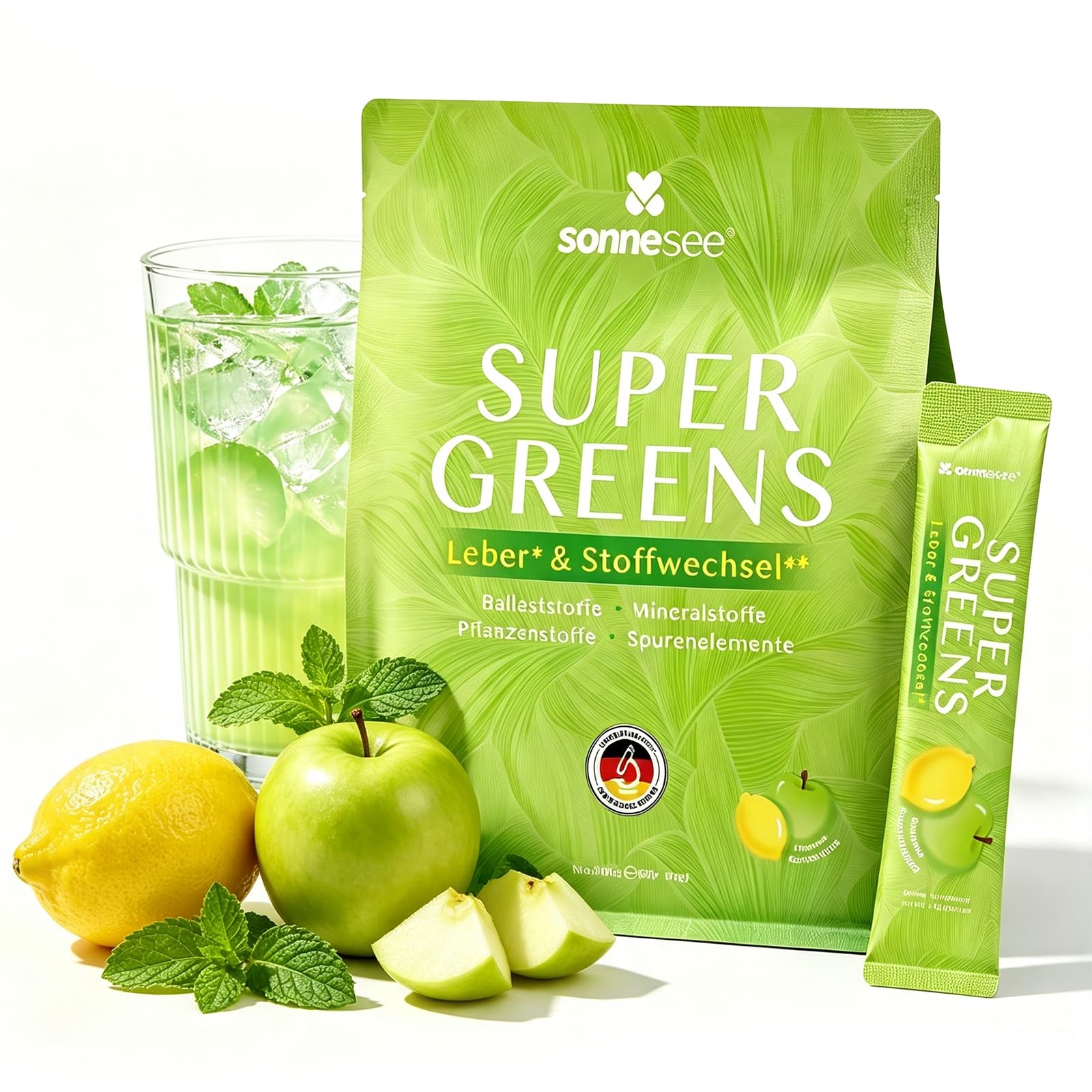 Super Greens Pulver zuckerfrei 30 Sticks à 10 g Cholin & Zink für Leberfunktion und Makronährstoffwechsel 10 Pflanzenzutaten 6 Ballaststoffquellen für Berufstätige Vielreisende vegan