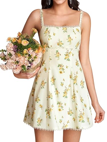 KUTUMAI Floral Lace Mini Dress Bow Tie Short Flowy Square