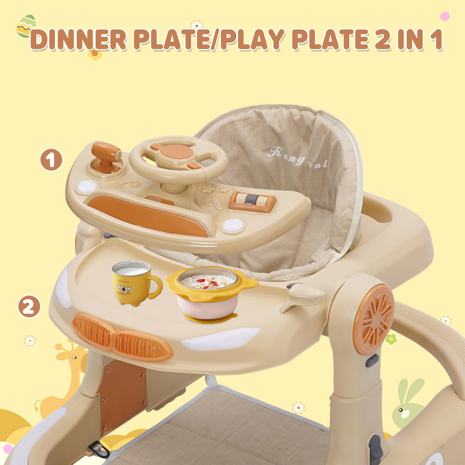 Girello Bambini 4 in 1, Girello Pieghevole con Altezza Regolabili, Baby Walker con Vassoio Musicale, Tappetino e Freno, Design Anti-Ccollisione, Primi Passi per Bambini 6-18 Mesi
