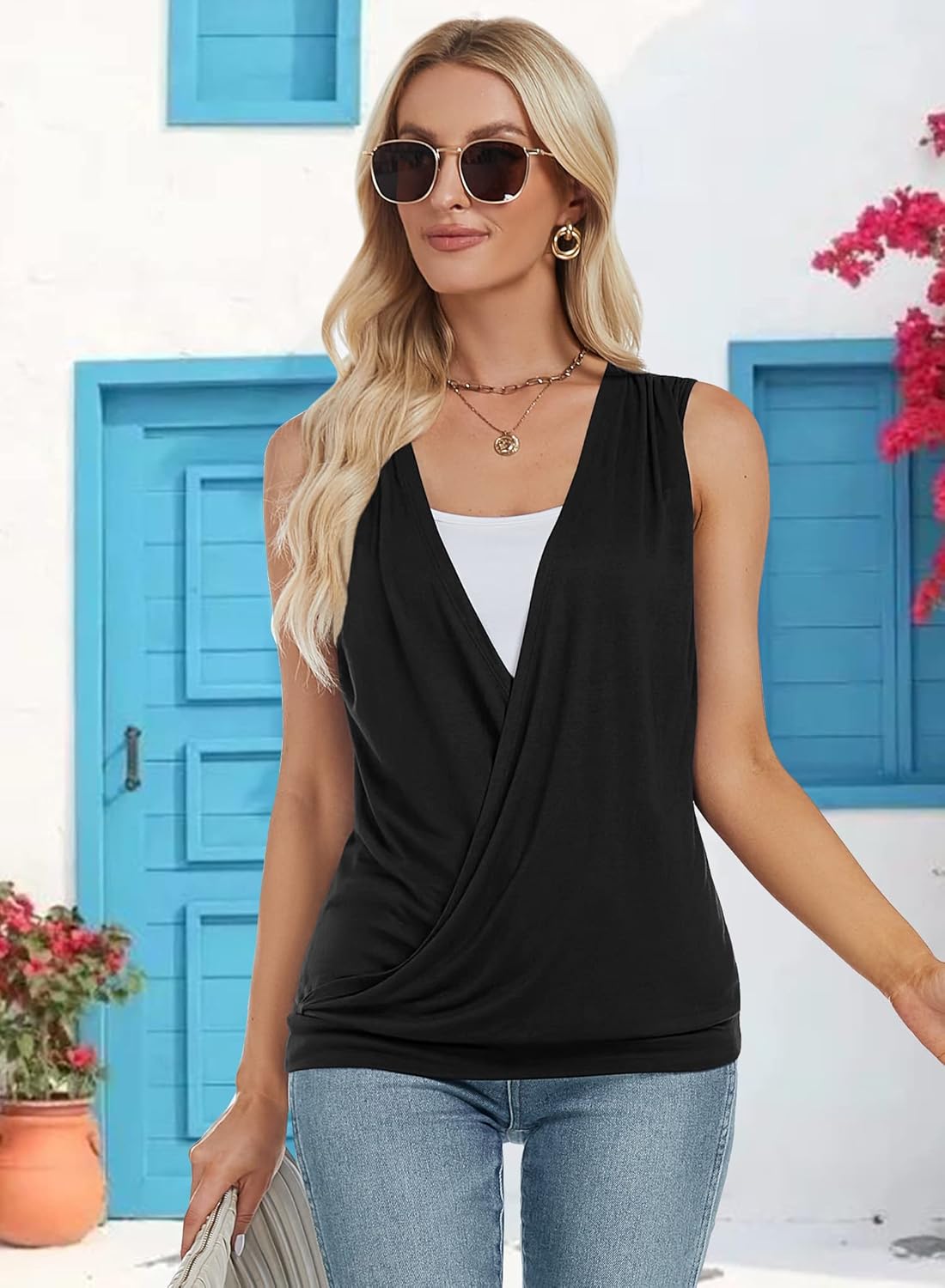 RANPHEE Womens Summer Casual Sleeveless Hide Belly Fat Banded Bottom Wrap Tops T-Shirts - Image 4