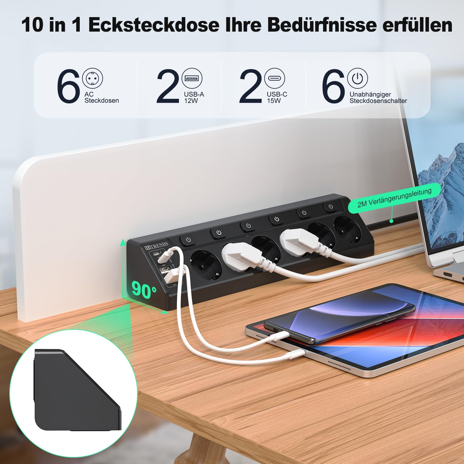Listwa zasilająca z 2 gniazdami USB i 2 typami C, 6 gniazdek wielokrotnych z pojedynczym przełącznikiem, listwa zasilająca z przedłużaczem 2 m, do biurka, narożniki, kolor czarny