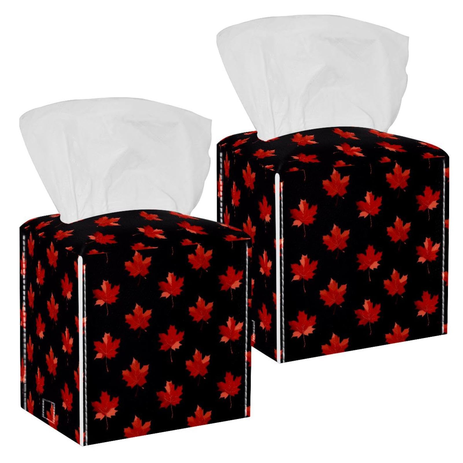 Artistic Leaves Tissue Box Cover, 2 Pack PU Leather Square Facial Tissue Dispenser Box holder for Home Office Car