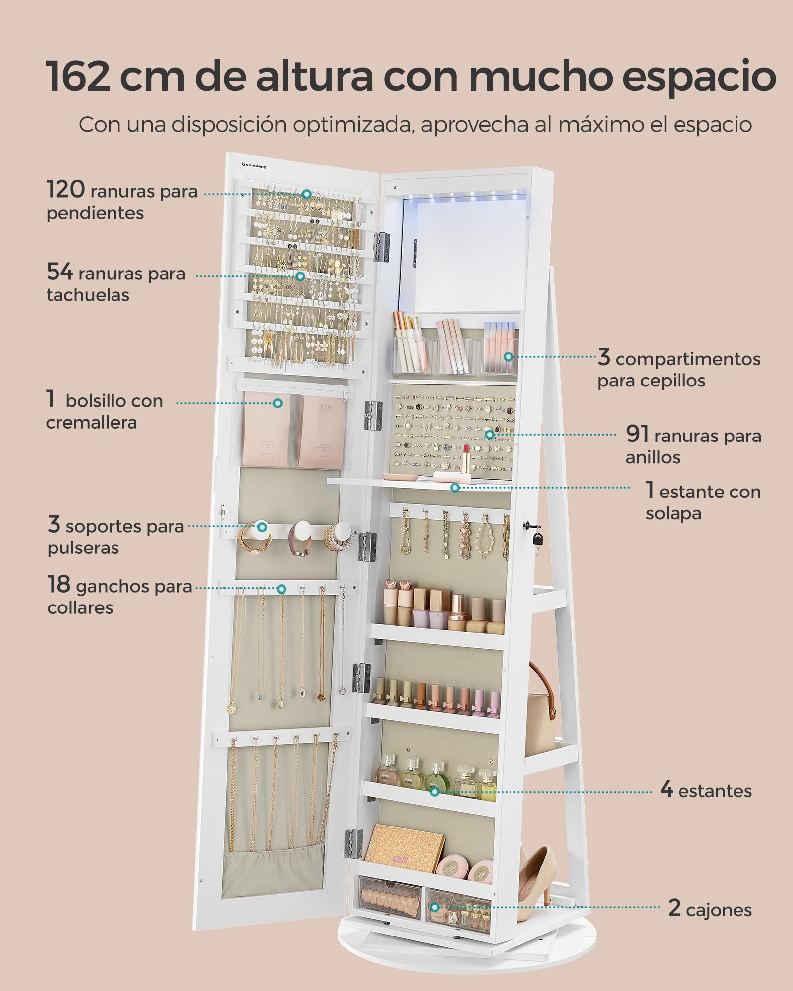 SONGMICS Espejo Joyero con 6 LEDs, Armario de Joyas de Giro de 360°, Organizador de Joyería Giratorio, sin Marco, Espejo Completo, 3 Estantes, Superficie Blanco, Forro Greige JJC007W02