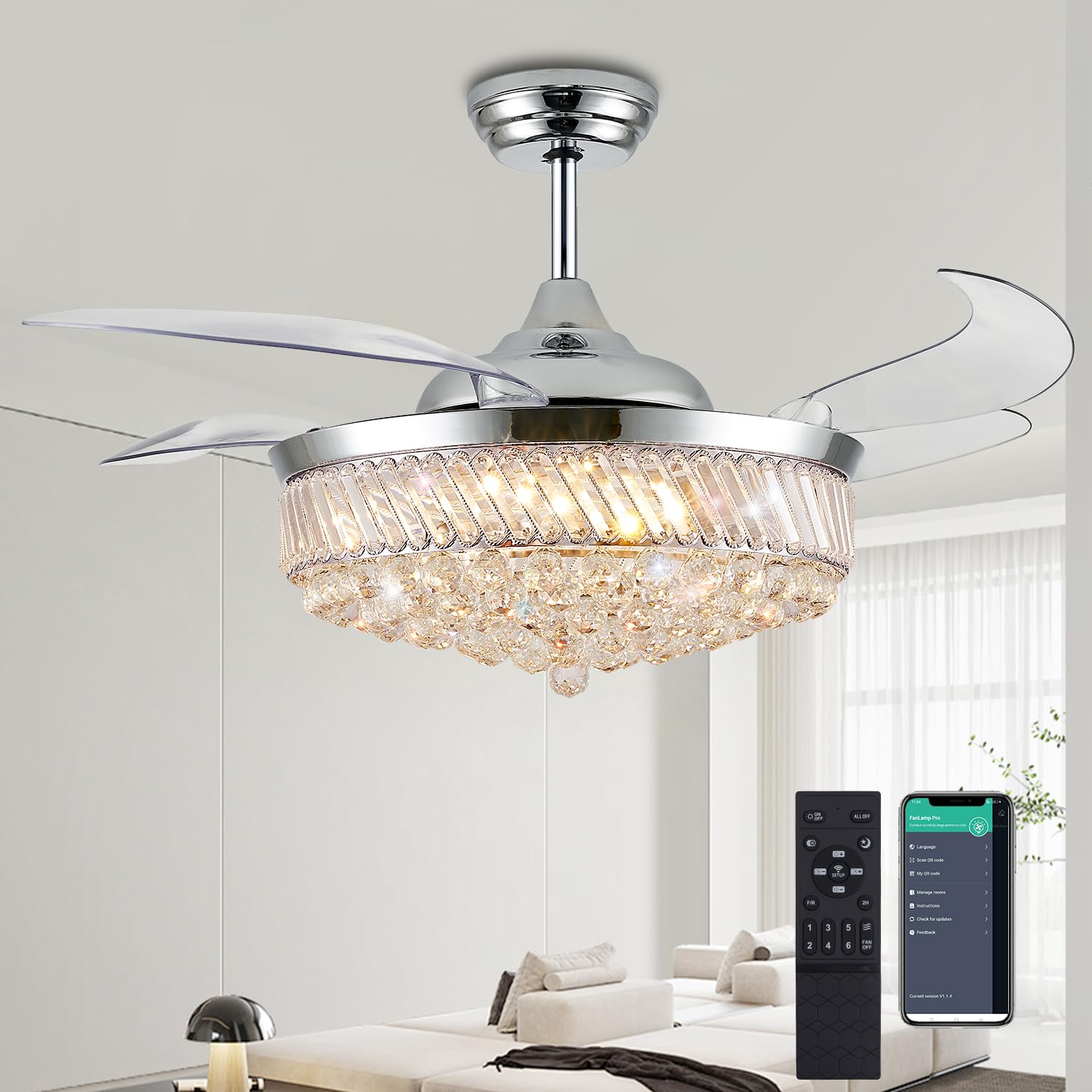 PAFRUMGE 52" Dimmable Fandelier Crystal LED Ceiling Fans with Lights and Remote Chandeliers Ceiling Fan for Bedroom,Dining Room,Living Room (Chrome,