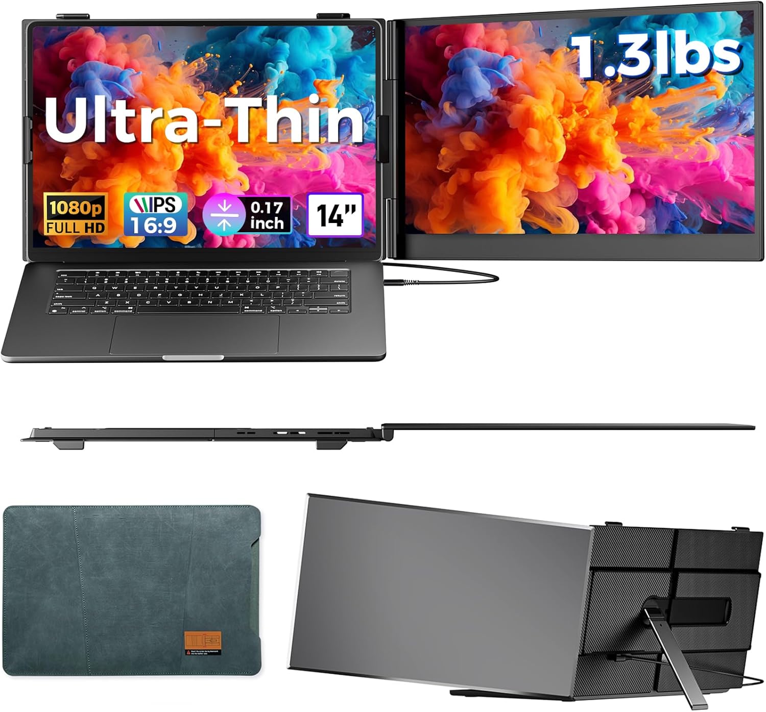 Laptop Screen Extender Ultra-Thin, 14″ FHD 1080P Dual Portable Monitor for Laptop, 1.3lbs Lightweight Travel Monitor Extender Fit 13”-17.3”, Plug and Play for Windows/Mac/Android/Chrome