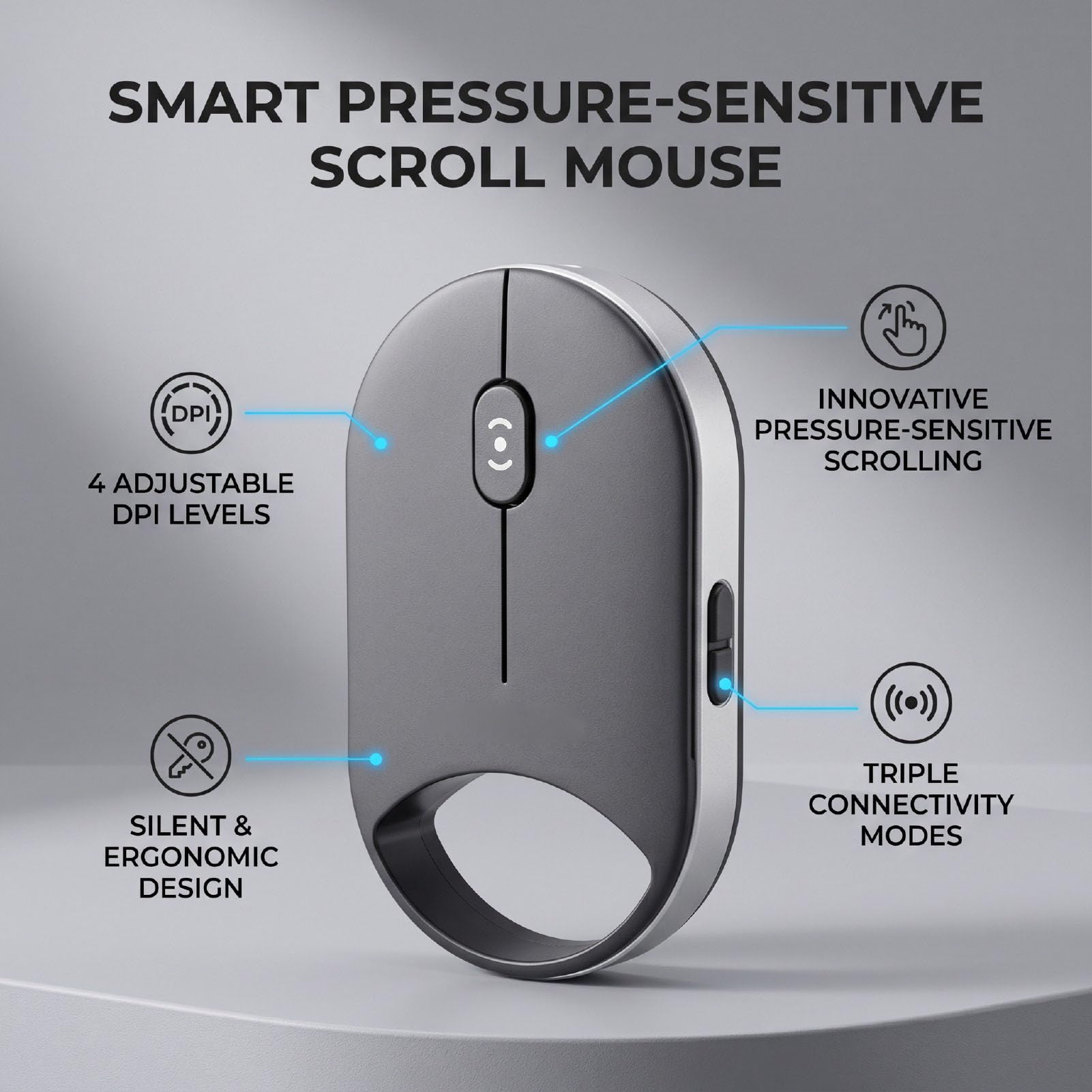 Mouse Scroll Pressione Sensibile, Mouse Wireless 3 Modalità Bluetooth 5.0 5.2 2.4G USB Silenzioso con 4 DPI Regolabile 4 Velocità Scorrimento per IOS HarmonyOS