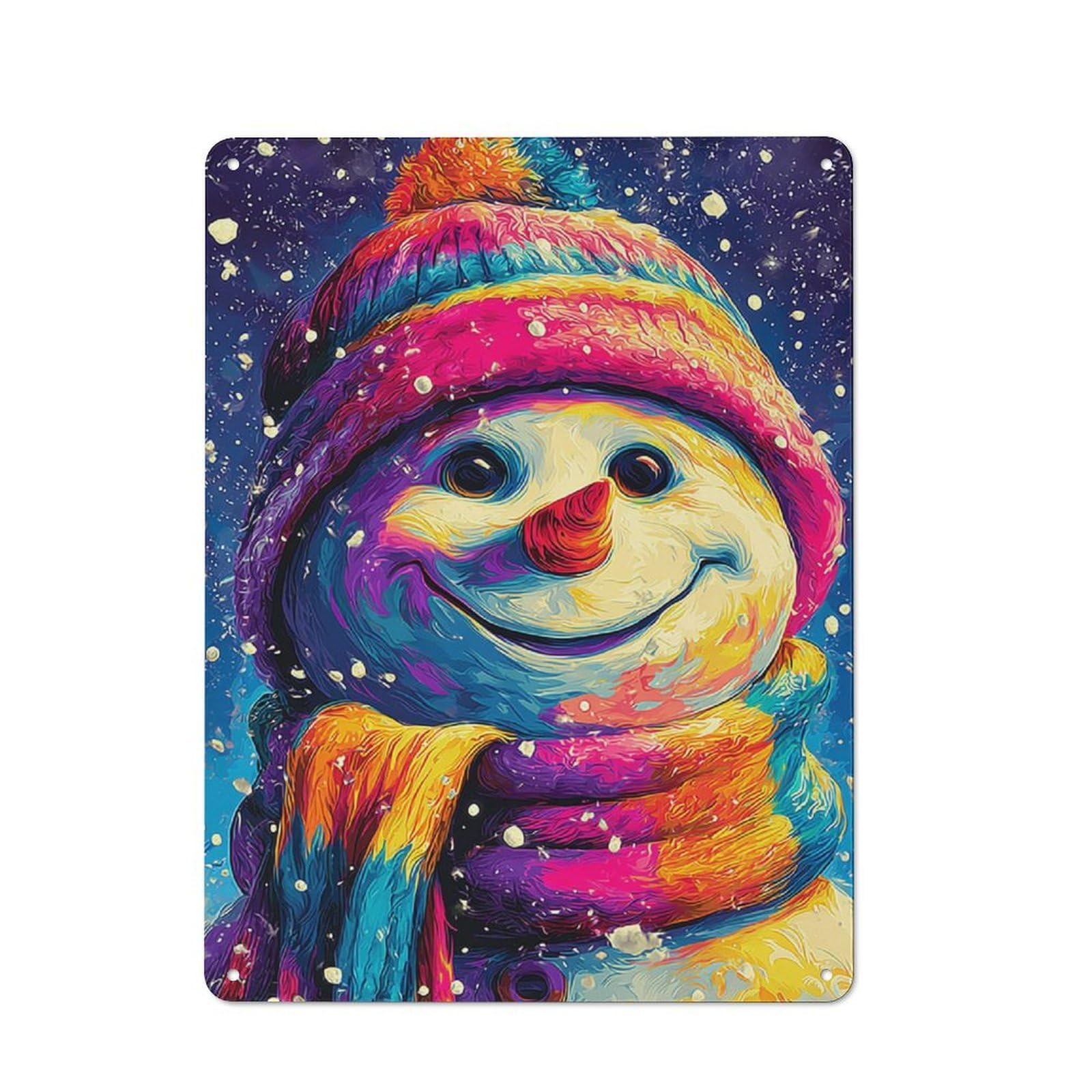 Junmoney Colorful Snowman In Winter Night Metal Wall Plaque With Design 40X30cm, Old Fashioned Vintage Wall Decor For Living Room, Hallway, Kitchen Or Cafe