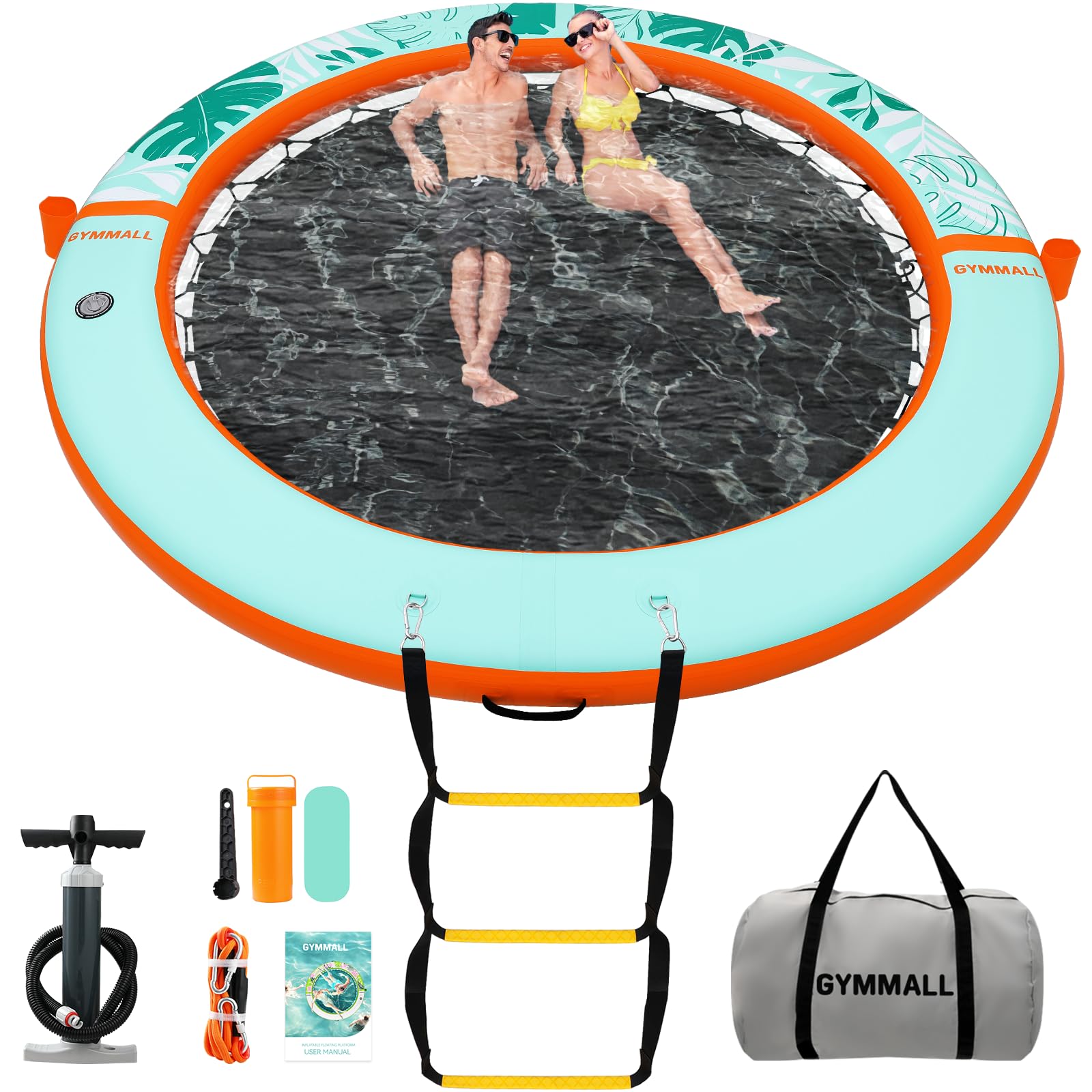 Inflatable Water Hammock Floating Dock 8 FT with Mesh, Tanning Pool Raft Round Ring for Adults, Float Platform for Lake and Beach with Water Ladder and Cup Holder