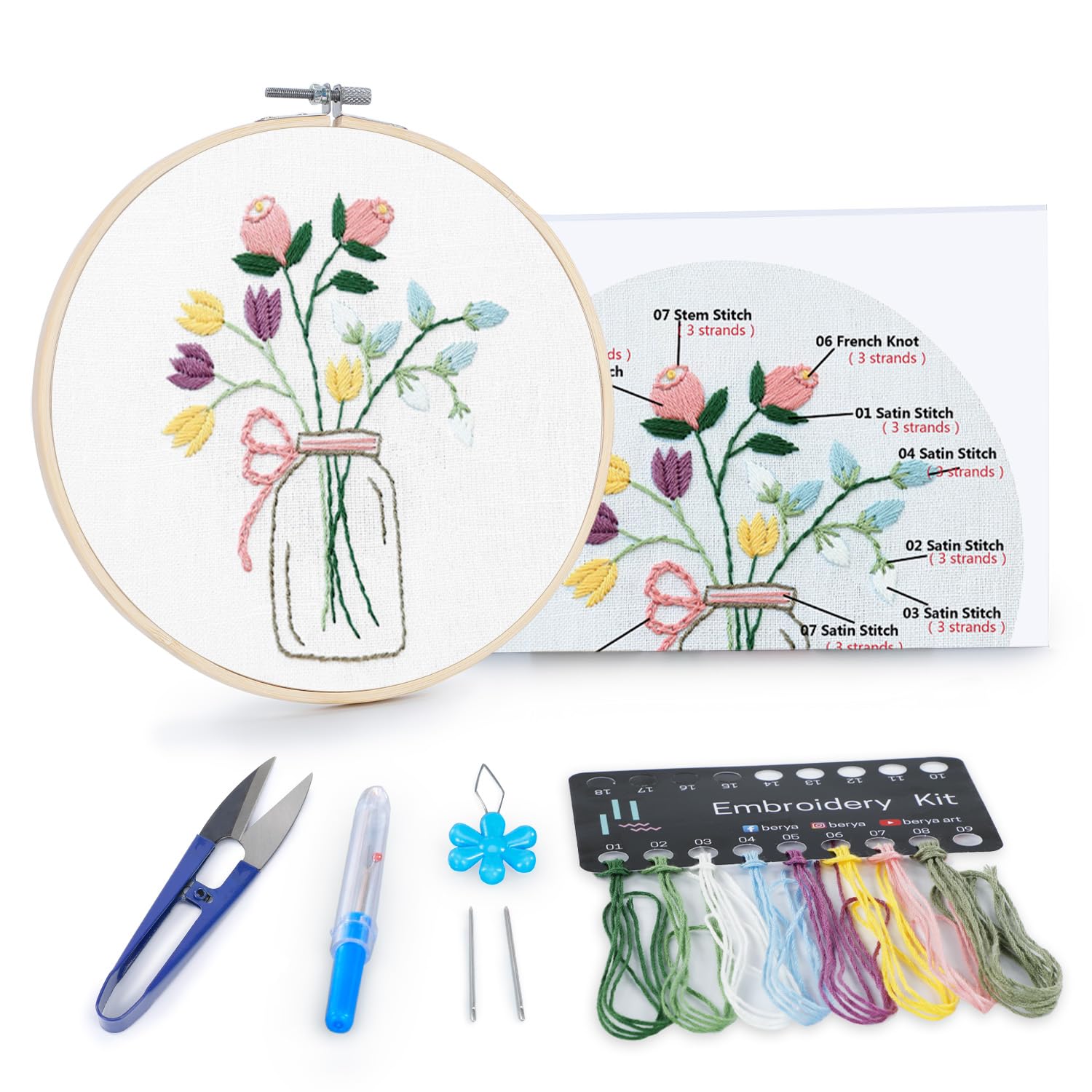 BERYA Flowers Embroidery Kit Including Video Step by Step Instructions Embroidery Hoop,Color Threads and Embroidery Scissors for Beginners-Handmade Needlepoint Kits for Adults