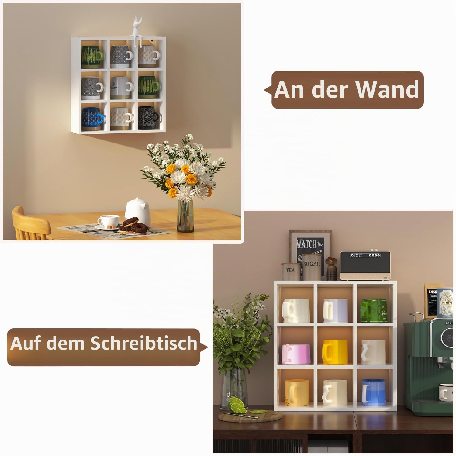 Helsin Regal für Kaffeetassen mit 9 Fächern, 40,6 cm, Wandmontage, Holz, Curio-Schattenbox-Regal, Tassen-Schweberegale, Display und Organizer (weiß)