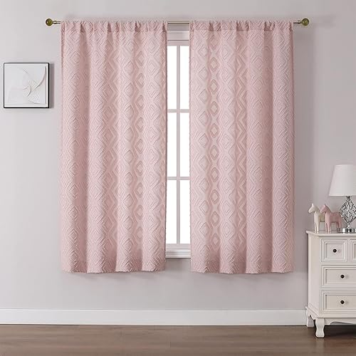 Chyhomenyc Blush Pink Curtains 63 Inch Length 2 Panels Set for Living Room, Light Filtering Boho Tufted Geometric Textured Rod Pocket Fabric Curtains, 37" W x 63" L