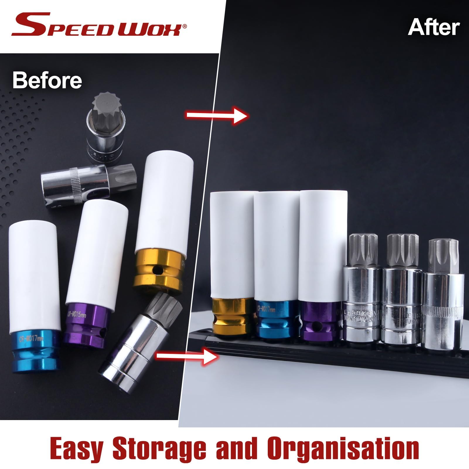 SPEEDWOX Magnetic Socket Organizer 1/2-Inch Drive Aluminum Alloy Socket Rail Heavy Duty Socket Holder 360° Swivel Clips Socket Holder Kit Socket Organizer Holder Tool 1/2-Inch with 12 Clips Black - Image 2